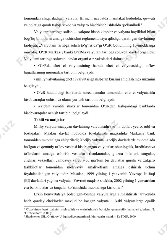 rish bo’yicha qonunchilik hujjatlari to’plami. t. “o’zbekiston”, 2000 yil] valyutani tartibga solish — xalqaro hisob kitoblar va valyuta boyliklari bilan bogʻliq bitimlarni amalga oshirishni reglamentatsiya qilishga qaratilgan davlatning faoliyati. „valyutani tartibga solish toʻgʻrisida”gi oʻzr qonunining 10-moddasiga muvofiq, oʻzr markaziy banki oʻzrda valyutani tartibga soluvchi davlat organidir. valyutani tartibga soluvchi davlat organi oʻz vakolatlari doirasida: • oʻzrda chet el valyutasining hamda chet el valyutasidagi toʻlov hujjatlarining muomalasi tartibini belgilaydi; • milliy valyutaning chet el valyutasiga nisbatan kursini aniqlash mexanizmini belgilaydi; • oʻzr hududidagi banklarda norezidentalar tomonidan chet el valyutasida hisobvaraqlar ochish va ularni yuritish tartibini belgilaydi; • rezident yuridik shaxslar tomonidan oʻzrdan tashqaridagi banklarda hisobvaraqalar ochish tartibini belgilaydi. tahlil va natijalar milliy valyuta-muayyan davlatning valyutasidir (so‘m, dollar, yevro, rubl va boshqalar). mazkur davlat hududida foydalanish maqsadida markaziy bank tomonidan muomalaga chiqariladi; xorijiy valyuta –xorijiy davlatlarda muomalada bo‘lgan va qonuniy to‘lov vositasi hisoblangan valyutalar, shuningdek, kreditlash va to‘lovlarni amalga oshirish vositalari (banknotalar, …