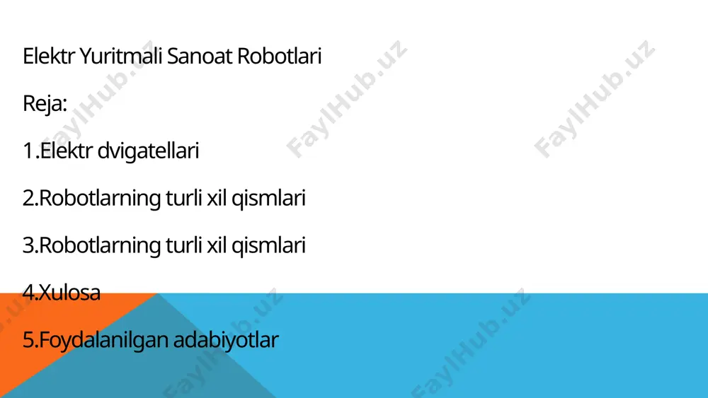 f-muhitni sezgirligi va insonlar bilan xavfsiz o'zaro ta'sir qilishini ta'minlaydi. 2 xavfsizlik dasturlari robotlarning xavfli harakatlarni amalga oshirmasligi uchun dasturlash. 3 xavfsizlik qoidalari robotlar bilan ishlashda xavfsizlik qoidalari va protseduralarini joriy etish. 8 elektr yuritmali robotlar kelajagi elektr yuritmali sanoat robotlari ishlab chiqarish jarayonlarini inqilob qilishda davom etadi. ularning samaradorligi va xavfsizligi yanada oshadi, bu esa ishlab chiqarishni yanada avtomatlashtirishga va innovatsion texnologiyalarni joriy etishga imkon beradi. 9 xulosa elektr yuritmali sanoat robotlari zamonaviy ishlab chiqarishda muhim rol o'ynaydi. ular turli xil operatsiyalarni avtomatlashtirish imkonini beradi, bu esa samaradorlikni oshiradi va ishchilarni xavfli vazifalardan himoya qiladi. foydalanilgan adabiyotlar 1. g.a.majidova. kompyuter grafikasi va dizayn. uslubiy qoʻllanma/toshkent. “dimal” nashriyoti,2024. 2. g.a.majidova. oliy ta’lim muassasalarida “mediyaloyihalashtirish va grafik dizayn” fanini oʻqitishni takomillashtirish. “raqamli texnologiyalar va sun’iy intellektni rivojlantirishning zamonaviy holati va istiqbollari” mavzusidagi respublika ilmiy amaliyanjumani. 2022 yil 22-23 dekabr, 862-864-b. 3. g.a.majidova. grafik dizaynda impatiya. “oliy ta’limni raqamlashtirish sharoitida innovatsion oʻqitish …
