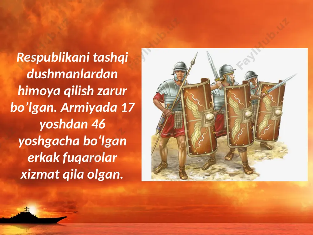 ga o’tdi. gannibal jangchilari bosib olingan yerlarni rimliklar provinsiya deyishgan. sitsiliya, korsika, sardiniya, ispaniya va boshqa hududlar ana shular sirasiga kirar edi. provinsiyalarni boshqarishga noiblar – prokonsullar tayinlangan. provinsiyalar rimga qarshi kurashga birlashmasliklari uchun rimliklar «bo‘lib tashlab, hukmronlik qil! tamoyiliga asoslanib ish ko‘rishgan. savol va topshiriqlar 1. triumf nima? qaysi hollarda triumf nishonlangan? 2. rim qo‘shinlari kimlardan tashkil topgan edi? 3. rim qo‘shinlari karfagenliklarnikidan nimasi bilan farqlanar edi? 4. puni urushlarining asosiy sababini ayting. 5. xaritadan gannibal yurishi yo‘nalishini ko‘rsating. 6. rimliklarning “bo‘lib tashlab, hukmronlik qil!” tamoyilini tushuntirib bering. 7. rim armiyasi senturioni nomidan hikoya tuzing. 8. xaritadan rim tomonidan bosib olingan hududni ko‘rsating. 9. rimliklar karfagenni qanday zabt etdi? 10. rimliklar qanday hududlarni provinsiya deb atashgan va ularni qanday boshqargan. image2.jpeg image3.jpeg image4.emf image5.jpeg image6.emf image7.jpeg image8.jpeg image9.jpeg image10.jpeg image11.emf image12.jpeg image13.jpeg image14.jpeg image15.jpeg image1.jpeg