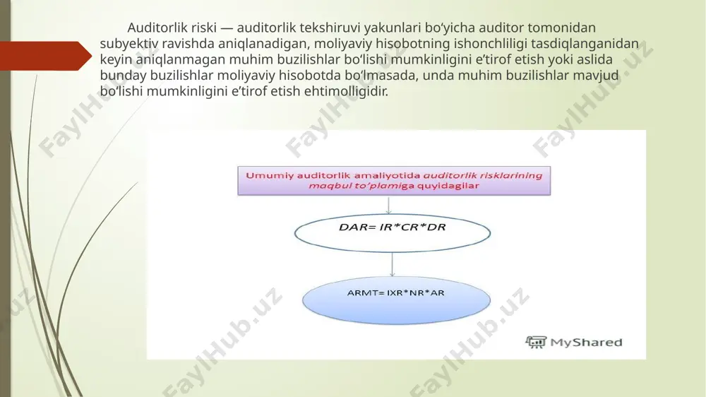 o‘lmagan mijozning kompaniya rahbariyati moliyaviy hisobotni buzib ko‘rsatishga moyilligi bo‘ladi. nisbatan barqaror haqiqiy ma’lumotlardan iborat bo‘lgan schyotlarga qaraganda smeta taxminlaridan kelib chiqadigan summalardan iborat bo‘lgan schyotlar riskning yuqori darajasini yuzaga keltiradi. nazorat riski nazorat riski xo‘jalik yurituvchi subyektda mavjud bo‘lgan va muntazam ravishda qo‘llanadigan buxgalteriya hisobi tizimi va ichki nazorat tizimi vositalari alohida olingan yoki umumiy holatda jiddiy buzilishlarni o‘z vaqtida aniqlamasligi va ularni tuzatmasligi va (yoki) bunday buzilishlarning paydo bo‘lishiga to‘sqinlik qilaolmaslik ehtimolini ifodalaydi. nazorat riski xo‘jalik yurituvchi subyektning buxgalteriya hisobi tizimi va ichki nazorat tizimining ishonchlilik darajasini tavsiflaydi. auditor o‘z kasb malakasidan foydalanib, audit davomida xo‘jalik yurituvchi subyektning nazorat tizimini, nazorat muhitini va alohida nazorat vositalarini baholashi shart. nazorat vositalari riskini baholash uchun auditor nazorat vositalarini test sinovidan o‘tkazishi kerak. nazorat vositalarini test sinovidan o‘tkazish quyidagilardan iborat: moliya-xo‘jalik operatsiyalarini o‘tkazishni aks ettiradigan hujjatlarni tekshirish va shu munosabat bilan auditorlik dalillarini olish nazorat vositalarining yetarli tarzda faoliyat ko‘rsatganligini aniqlash. …
