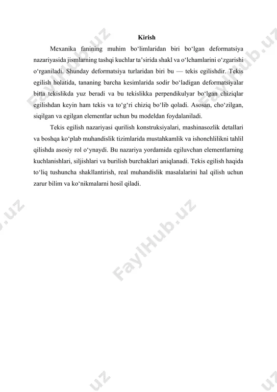 li va burchakli ko’chishlari cheklanadi hamda uchta tayanch reaksiya kuchlari vujudga keladi. tayanch reaksiya kuchlarini aniqlash uchun statikaning tekislikdagi muvozanatlik нar tlaridan foydalaniladi. (1) bu нar tlardan ikkitasi noma'lumlarni topish uchun uchinchisi esa tekshirish uchun qo’l laniladi. misol. 3. egilishda to’sin ko’ndalang kesim yo’zi da ikkita ichki kuch paydo bo’ladi. shakl-4 qu-kesuvchi yoki ko’ndalang kuch va mx-eguvchi moment.ular kesish usulida yordamida aniqlanadi. m p1 p2 z ra a1 x n rb x b x ra o1 r p1 z a1 qx mx nx to’sin ko’ndalang keisimda hosil bo’ladigan kesuvchi kuch koldiriladigan qismga ta'sir qiluvchi barcha kuchlardan vertikal o’qqa tushirilgan proeksiyalarning algebraik yig’indisiga teng, ya'ni (2) to’sin ko’ndalang kesimida hosil bo’ladigan eguvchi moment koldirilgan qismga ta'sir kiladigan barcha kuchlardan kesim markaziga nisbatan olingan momentlarning algebraik yig’indisiga teng, ya'ni (3) agar koldirilgan qismga ta'sir kilayotgan tashqi kuch shu qismni tekshirilayotgan kesimga nisbatan soat strelkasi yo’nalishiga mos yo’nalishda aylantirishga harakat kilsa kesuvchi kuchning …