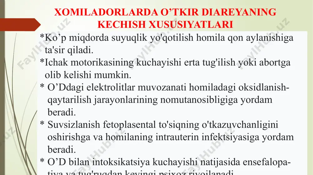 ssiz, nazoratsiz qo'llash. o’dlarning etiotrop davosi salmonella spp. (qorin tifida xam – fx ii, stоpdiar. shigella spp. - fx ii, stоpdiar, parenteral sciii campylobacter spp. – makrolidlar (klаritrоmisin, аzitromisin), fx ii, stоpdiar, tеtrаsiklinlar; septisemiyada – sc iii, gentamisin e.coli – fx ii, stоpdiar, parenteral sciii yersinia spp. – fx ii, stоpdiar, parenteral sciii vibrio cholerae – dоksisillin, siprofloksasin, kо-trimaksazol, furazolidon, хloramfenikol aeromonas spp., plesiomonas spp. – kо-trimaksazol, fх ii virusli diareyalarning patogenetik davosi rvi ni davolashning asosiy usuli, yuqorida aytib o'tilganidek, og'iz orqali, og'ir holatlarda esa jsst standartlariga muvofiq parenteral regidratatsiya hisoblanadi. biroq, hozirgi vaqtda ko'pchilik mualliflar diareya davrining davomiyligini qisqartirish, simptomlarning og'irligini kamaytirish va rvi bilan og'rigan bemorlarning tezroq tiklanishi uchun etiotrop antiviral davolashni buyurish zarurligiga moyil. 16 преимущества anaferon va ergoferon inson immuniteti va boshqa tizimlarining zaiflashishiga olib kelmaydi va ularga qaramlik rivojlanmaydi. shu munosabat bilan anaferon va ergoferon uzoq kurslarda, masalan, 3 oygacha, maxsus immunologik tekshiruvlarsiz xavfsiz …