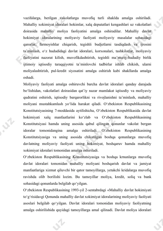 tarkibidagi moliya boshqarmalari va moliya bo‘limlarining huquqiy holatlari belgilangan tartibda ular to‘g‘risidagi tasdiqdangan nizomlarga kura belgilanadi. mahalliy boshqaruv organlarining rolini oshirish bevosita ularni moliya-budjet huquqlarini oshirishni, ularga yuklangan vazifalarni amalga oshirishda yetarli mablag‘lar bilan ta’minlashni talab etadi. mamlakatimiz demokratik davlat kurilishini uz oldiga vazifa kilib kuygan ekan, bunda mahalliy o‘z-o‘zini boshqarish muhim o‘rin tutadi. mahalliy boshqaruv organlarining rolini oshirish bevosita ularni moliya-budjet huquqlarini oshirishni, ularga yuklangan vazifalarni amalga oshirishda yetarli mablag‘lar bilan ta’minlashni talab etadi. o‘zbekiston respublikasi prezedenti i.karimov ma’ruzasida bayon qilganidek: “bugungi kunda mamlakatimizni, avvalo, iqtisodiyotimizni isloh etish, erkinlashtirish va modernizatsiya qilish, uning tarkibiy tuzilishini diversifikatsiya qilish borasida amalga oshirilayotgan, har tomonlama asosli va chuqur o‘ylangan siyosat bizni inqirozlar va boshqa tahdidlarning salbiy ta’siridan himoya qiladigan kuchli to‘siq, aytish mumkinki, mustahkam va ishonchli himoya vositasini yaratdi”. respublikamizda qabul qilingan ijtimoiy dasturlarni, birinchi navbatda aholining ijtimoiy nochor tabaqalarini aniq tarzda qo‘llab-quvvatlash, sog‘lom avlodni tarbiyalash, turli ijtimoiy dasturlarni ro‘yobga chiqarish asosida …