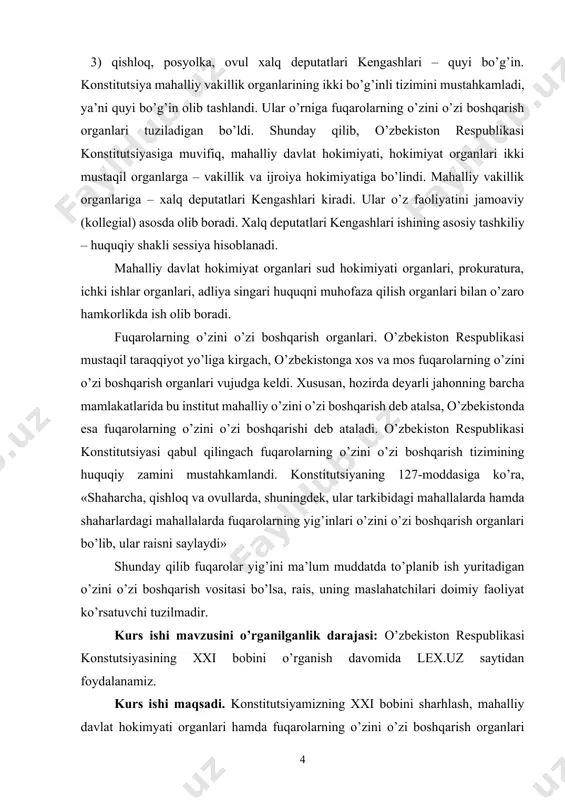 h uchun asos qilib olish mumkin. kurs ishining tuzilishi: kirish, 2 bob, 4 paragraf, xulosa va foydalanilgan adabiyotlar ro’yxatidan iborat. i. mahalliy hokimiyat organlari 1.1. mahalliy vakillik organlari va ularning faoliyati o’zbekiston respublikasi konstitutsiyasida mahalliy miqyosda boshqaruvni tashkil etishga o’ziga xos tarzda yondashilgan, mdh va boshqa sobiq ittifoqdosh respubliklar konstitutsiyalaridan farq qilib, o’zbekiston konstitutsiyasida mahalliy davlat hokimiyati organlari tizimi alohida, fuqarolarning o’zini o’zi boshqarish organlarining tizimi alohida belgilandi. o’zbekistondan boshqa davlatlarning konstitutsiyalarida mahalliy davlat hokimiyati degan tushuncha ishlatilmagan. jumladan, belorussiya konstitutsiyasida “mahalliy boshqaruv va o’zini o’zi boshqaruv”, qozog’iston konstitutsiyasida “davlatning hududiy tuzilishi va o’zini o’zi boshqaruv”, qirg’iziston, rossiya va estoniya konstitutsiyalarida “mahalliy boshqaruv”, turkmaniston konstitutsiyasida “mahalliy ijro hokimiyati” alohida bobda, “mahalliy boshqaruv” alohida bobda berilgan. rossiya konstitutsiyasida davlat hokimiyati federal miqyosda va federatsiya subyektlari miqyosida tashkil qilinib, boshqa barcha quyi bo’g’inlarda tuman, shahar, qishloqlarda mahalliy boshqaruv organlari tashkil qilinadi va faoliyat yuritadi. o’zbekiston respublikasida mahalliy miqyosda boshqaruv viloyat, tuman, shaharlarda …