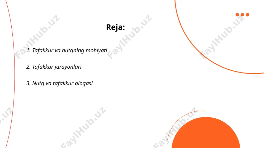 an iborat bo'lib, tafakkur jarayonlarining asosi hisoblanadi. tadqiqotlar shuningdek, tafakkurning rivojlanishida ijtimoiy o'zaro ta'sir va ta'lim muhim rol o'ynashini ko'rsatadi. ... t.me/slaydai_bot 2. tafakkur va til o‘rtasidagi bog‘liqlik tafakkur va til o‘rtasidagi bog‘liqlik keng o‘rganilgan mavzulardan biridir. tadqiqotlar shuni ko‘rsatadiki, til odamlarning fikrlash jarayonlariga ta’sir qiladi. tilning strukturasi va so‘z boyligi insonlarning dunyoqarashini shakllantirishi mumkin. masalan, tilda mavjud bo‘lgan so‘zlar va ifodalar hatto tushunchalar hosil qilishda ham asosiy rol o‘ynaydi. 2002-yilda olib borilgan bir tadqiqotda aytilishicha, til o‘zgarishi tafakkur jarayonlari va dunyoni idrok etish usullarini o‘zgartirishga qodir. shu bilan birga, tafakkur tilni rivojlantirishda muhim omil sifatida xizmat qiladi, yangi tushunchalar va g‘oyalar til orqali ifodalanadi va ayrim hollarda yangi so‘zlar yaratiladi. ... t.me/slaydai_bot tafakkurning rivojlanish bosqichlari inson psixologiyasidagi muhim aspektlardan biri hisoblanadi. 1) sensor-motor bosqich (0-2 yosh) - bu bosqichda chaqaloqlar atrof-muhit bilan sezgi va jismoniy harakatlar orqali o‘rganadilar. 2) preoperatsional bosqich (2-7 yosh) - bolalar ramziy o‘yinlar va oddiy …