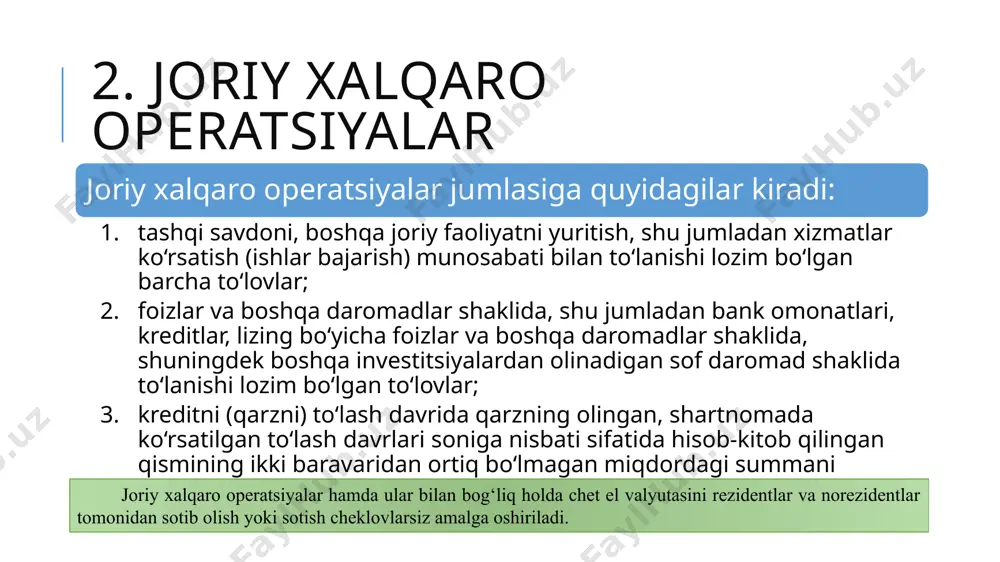 riga quyidagilar amalga oshirilayotganda yo‘l qo‘yiladi: bojsiz savdo do‘konlaridagi hisob-kitoblar, shuningdek xalqaro tashishlarda transport vositalarining qatnov yo‘llarida yo‘lovchilarga tovarlarni realizatsiya qilish va xizmatlar ko‘rsatish chog‘idagi hisob-kitoblar bilan bog‘liq operatsiyalar; vositachilar (vakillar) tomonidan norezidentlar bilan tovarlarni topshirish, ishlarni bajarish, xizmatlar ko‘rsatish, axborot va intellektual faoliyat natijalarini, ularga bo‘lgan mutlaq huquqlarni berish bo‘yicha shartnomalar tuzish hamda ularni bajarish bilan bog‘liq xizmatlar ko‘rsatish chog‘ida vositachilar (vakillar) va komitentlar (ishonch bildiruvchilar) o‘rtasidagi operatsiyalar, shu jumladan komitentlarga (ishonch bildiruvchilarga) pul summalarini (boshqa mol-mulkni) qaytarishga doir operatsiyalar; tuzilgan shartnomalar asosida transport-ekspeditorlik xizmatlarini realizatsiya qilishdan ekspeditorlik kompaniyalarining hisobvarag‘iga xorijdan kelib tushayotgan chet el valyutasidagi mablag‘larni hisob-kitob qilishni va o‘tkazishni nazarda tutuvchi operatsiyalar; 4. rezidentlar o‘rtasidagi valyuta operatsiyalari rezidentlar o‘rtasidagi valyuta operatsiyalariga quyidagilar amalga oshirilayotganda yo‘l qo‘yiladi: jismoniy shaxslarning o‘zbekiston respublikasi hududidan tashqariga xizmat safarlari amalga oshirilishi bilan bog‘liq xarajatlarini to‘lash va ularning o‘rnini qoplash bo‘yicha operatsiyalar, shuningdek xizmat safarlari munosabati bilan berilgan, sarflanmay qolgan bo‘nakni qaytarishga doir …
