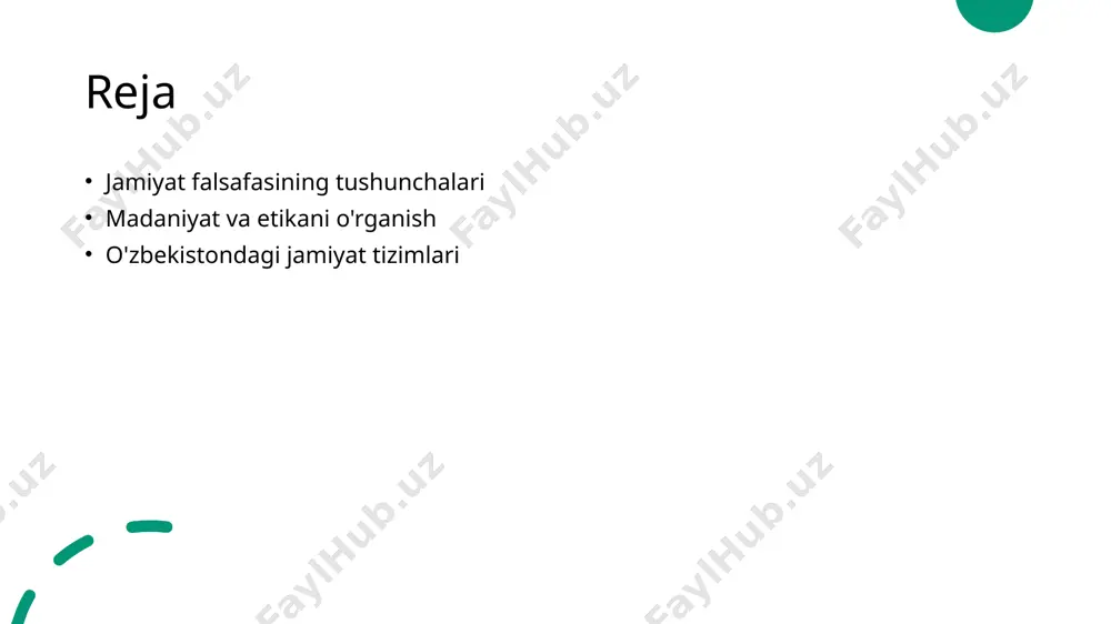 iyatlar, masalan, mehmondo'stlik va oilaviy aloqalar, ijtimoiy muhitni shakllantiradi va ahloqiy normalarni belgilaydi. 2 ta'lim va tarbiya o'zbekistonda ta'lim tizimi, milliy madaniyat va etik qadriyatlarni o'z ichiga olgan holda, yosh avlodni tarbiyalashda muhim rol o'ynaydi. 3 zamonaviy muammolar o'zbek jamiyatida zamonaviy global muammolar, masalan, iqtisodiy o'zgarishlar va ijtimoiy tengsizlik, ijtimoiy falsafaga yangi yondashuvlar talab qiladi. madaniyat va etikani o'rganishning asosiy tamoyillari. 1 madaniyatning mohiyati madaniyat insoniyatning ijtimoiy va ijodiy faoliyatini tashkil etuvchi komponentdir. u qadriyatlar, an'analar va urf-odatlar orqali jamiyatni shakllantiradi. 2 etika va madaniyat etika madaniyatning asosiy elementidir, chunki u insonlarning axloqiy qarorlarini va jamiyatdagi munosabatlarini belgilaydi. madaniyat bilan uzviy bog'langan. 3 o'rganish tamoyillari madaniyat va etika o'rganishida muayyan tamoyillar mavjud: kontekstualizatsiya, tanqidiy yondashuv va interkultural almashuv. bu tamoyillar chuqur tushunish uchun zarur. o'zbek madaniyatidagi etik qadriyatlar va ularning ta'siri. 1 o'zbek etik qadriyatlari - o'zbek madaniyatida ahloqiy qadriyatlar, masalan, mehmondo'stlik va samimiyat, jamiyatda ijtimoiy aloqalarni mustahkamlashda muhim rol …