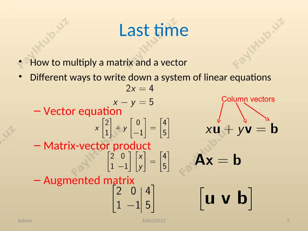 engg2013 * y x 1 1 y x c c c is any real number engg2013 representing a straight line by vector kshum engg2013 * y x c c y x y=x any point on the line y=x can be written as engg2013 adding one more vector kshum engg2013 * y x y=x y x y=x+1 engg2013 \big\{ c\begin{bmatrix} 1\\ 1 \end{bmatrix} + \begin{bmatrix} 0\\ 1 \end{bmatrix}\in \mathbb{r}^2:\, c \text{ is any real number}\big\} * we can add another vector and get the same result kshum engg2013 * y x y=x+1 y x y=x+1 = engg2013 \big\{ c\begin{bmatrix} 1\\ 1 \end{bmatrix} + \begin{bmatrix} 0\\ 1 \end{bmatrix}\in \mathbb{r}^2:\, c \text{ is any real number}\big\} * the whole plane kshum engg2013 * y x scanner engg2013 \big\{ c\begin{bmatrix} 1\\ 1 \end{bmatrix} + \begin{bmatrix} 0\\ 1 \end{bmatrix}\in \mathbb{r}^2:\, c \text{ is any real number}\big\} * question 1 kshum engg2013 * can you find …