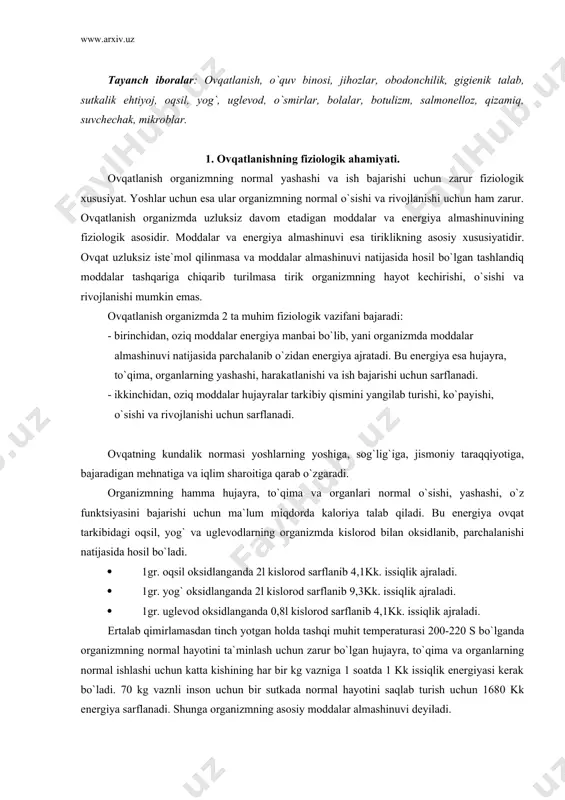 kislorod sarflanib 9,3kk. issiqlik ajraladi. · 1gr. uglevod oksidlanganda 0,8l kislorod sarflanib 4,1kk. issiqlik ajraladi. ertalab qimirlamasdan tinch yotgan holda tashqi muhit temperaturasi 200-220 s bo`lganda organizmning normal hayotini ta`minlash uchun zarur bo`lgan hujayra, to`qima va organlarning normal ishlashi uchun katta kishining har bir kg vazniga 1 soatda 1 kk issiqlik energiyasi kerak bo`ladi. 70 kg vaznli inson uchun bir sutkada normal hayotini saqlab turish uchun 1680 kk energiya sarflanadi. shunga organizmning asosiy moddalar almashinuvi deyiladi. kishi ish bajarganda asosiy moddalar almashinuviga sarflanadigan energiyadan tashqari ishning og`ir yengilligiga qarab yana ma`lum miqdorda qo`shimcha energiya sarflanadi. ish bajarganda sarflangan energiya miqdorining hammasiga (asosiy va qo`shimcha) umumiy moddalar almashinuvi deyiladi. masalan kishi o`rtacha tezlik bilan yurganida asosiy moddalar almashinuviga nisbatan 2 marta, yugurganda 4 marta ko`proq energiya talab qilinadi. shuning uchun kundalik ovqatning kaloriyasi, ya`ni uning tarkibidagi oqsil, yog`, uglevodlarning miqdori avvalo o`quvchilarning bajaradigan mehnatiga qarab o`zgaradi. aqliy mehnatda kamroq, jismoniy tarbiya, …