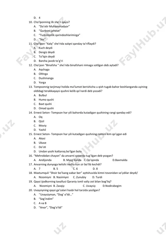 16. “mehrobdan chayon” da anvarni qayerda tug’ilgan deb yozgan? a. andijonda b. marg’ilonda c.qo’qonda d.baxmalda 17. anvarning dunyoga kelishi necha kun sir bo’lib kechdi? a. 7 b. 5 c. 6 d. 8 18. maxtumquli “shoir bo’lsang xabar ber” aytishuvida kimni tovonidan so’ydilar deydi/ a. nizomiyni b. nasimiyni c. zunubiy d. turdi 19. qaysi ijodkorning taxallusi qaraniy ismli valiy zot bilan bog’liq? a. nizomiyni b. zavqiy c. uvaysiy d.nodirabegim 20. uvaysiyning qaysi ga’zalari hasbi hol tarzida yozilgan? a. ‘’uvaysiyman, “dog’ o’ldi…” b. “sog’indim” c. a va b d. “anor”, “dog’o’ldi”