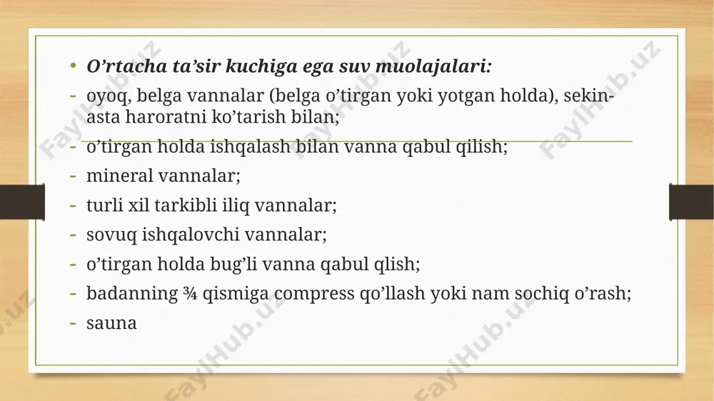 tizimini "tezlashtiradi", qonning yurakka qaytishini yaxshilaydi. ta'sir ham tasalli, ham tonik bo'lishi mumkin-bu har bir trubadagi harorat va bosimga bog'liq. jarayon qanday amalga oshiriladi: bemor kapsulada turadi", devorlari turli balandliklarda bir doira ichida joylashgan nozik naychalarni qoldiradi. suv jeti butun vujudga püskürtülür-pastki qismida sovuq, yuqori issiq. ta'siri: surunkali charchoq, asab tizimining buzilishi, gipertenziya boshlang'ich bosqichi. dush stress va bezovtalikni bartaraf qiladi, uyqusizlikni davolaydi va uyqu sifatini yaxshilaydi. suv osti dush-massaj suv ostidagi suv oqimining kuchidan foydalanish terapevtik ta'sir uchun kerakli bosim parametrlarini yaratadi. bu "sharko dushining suv ostida"gi turi. jarayon qanday amalga oshiriladi: suv osti gidromassaji 35-38 daraja haroratda amalga oshiriladi suv jeti, tananing ma'lum qismlariga (qo'llar, oyoqlar, orqa) yo'naltirilgan, issiqlik, hammomdagi suv, massaj va harakatlarning foydali ta'sirini birlashtiradi. jarayon 10 dan 30 daqiqagacha davom etadi. ta'siri: mushaklarni bo'shashtiradi, teri va teri osti mushaklarida qon aylanishini yaxshilaydi, bo'g'imlarning harakatlanishini oshiradi, limfa tizimini rag'batlantiradi va mushaklar-skelet sistemasidagi og'riqni kamaytiradi. kasallikdan keyin …