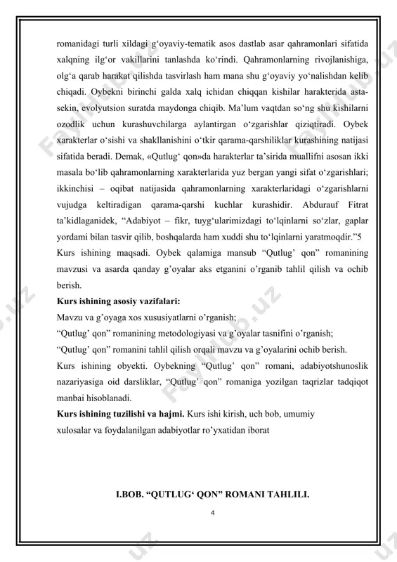 talardan unumli foydalangan. bundan tashqari, yozuvchi xalq maqol va hikmatli so‘zlar darajasida turuvchi «yer sotgan – er bo‘lmaydi, er – yer sotmaydi», «jabrning to‘qmog‘iga toqat yo‘q», «xalq o‘z ishini o‘zi biladi», «o‘tinsiz qozon qaynamaydi» singari sermazmun, chiroyli jumlalar va obrazli iboralar yaratgan. «qutlug‘ qon» romani syujet va kompozitsiya jihatdan ham tahsinga loyiqdir. unda asar g‘oyasini va obrazlar xarakterini ochishga xizmat qilmaydigan tasvirlar, oshiqcha voq ea va epizodlar yo‘q. yozuvchi voqealar tasvirini ortiqcha cho‘zmaydi. voqeadan voqea chiqarish va ularni tabiiy tarzda bir-biri bilan bog‘lash orqali asosiy syujet chizig‘ini vujudga keltiradi. shu bilan birga, syujetni xarakter yaratish ishiga mohirona xizmat qildiradi. kezi kelganda shuni ham aytish kerakki, roman ayrim qusurlardan ham holi emas. asarda o‘sha davr taqazosiga ko‘ra sosialistik realizm talabiga binoan rus inqilobchi petrov obrazi sun’iy ravishda kiritilgan, uning yo‘lchiga ko‘rsatgan ta’siri ideallashtirilgan. jadid abdushukur esa bir tomonlama tasvirlanib, o‘quvchida yoqimsiz taasurot qoldirishga urunilgan. roman asosida yotgan ziddiyat chizig‘i asosan yo‘lchi …