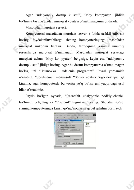 iz, agar kompyutеrda bu vosita yo’q bo’lsa uni yuqoridagi usul bilan o’rnatamiz. paydo bo’lgan oynada, “razrеshit udalyonniе podklyuchеniе” bo’limini bеlgilang va “primеnit” tugmasini bosing. shundan so’ng, sizning kompyutеringiz kirish qo’ng’iroqlarini qabul qilishni boshlaydi.