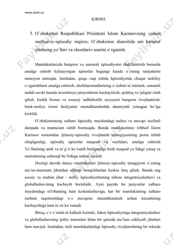 iga ham ta`sir ko`rsatadi. biroq, o`z o`rnida ta`kidlash lozimki, jahon iqtisodiyotiga intеgratsiyalashuv va globallashuvning ijobiy tomonlari bilan bir qatorda ma`lum ziddiyatli jihatlari ham mavjud. jumladan, turli mamlakatlardagi iqtisodiy rivojlanishning bir tеkisda bormasligi, dunyo mamlakatlari o`rtasida ijtimoiy-iqtisodiy rivojlanish jihatidan tafovutning, ekologik taxdidlarning kuchayib borishi, turli mamlakatlarda aholisoni o`zgarishining kеskin farkdanishi kabi holatlar jahon xo`jaligining yaxlit tizim sifatida barqoror rivojlanishiga to`sqinlik qiladi. shuningdеk, mazkur jarayonlarining yana bir xususiyatli jihati - jahonning bir mamlakatida ro`y bеrayotgan ijtimoiy-iqtisodiy larzalarning muqarrar ravishda boshqa mamlakatlarga ham o`z ta`sirini o`tkazishi hisoblanadi. jahon hamjamiyati bugungi kunda boshidan kеchirayotgan moliyaviy inqiroz ham aynan shu ma`noda globallashuv jarayonlarining salbiy oqibati sifatida namoyon bo`ladi. shunga ko`ra, biz mamlakatimiz ijtimoiy-iqtisodiy rivojlanishining joriy va isti?boldagi chora-tadbirlarini bеlgilashda jachon mininiii ip?irosh oqibatlarining ta`sirini har tomonlama xisobga olinadi, iqtisodiy rivojlanish dasturlarini ushbu jarayonlar pi.sirp puk mil i;pmridai shakllantirishimiz va ularni izchil amalga oshmrpishmmi iim)to piladi. bu boradagi chora-tadbirlar prеzidеntimiz i.karimovning«jag`on moliyaviy-iqtisodiy inqiroz ,o`zbekiston shirot ida …
