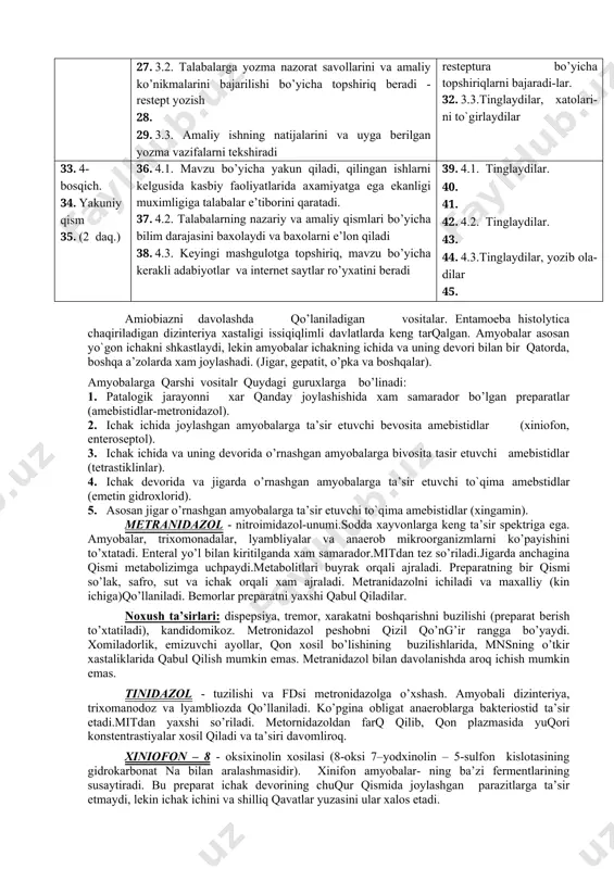 tkir xastaliklarida qabul qilish mumkin emas. metranidazol bilan davolanishda aroq ichish mumkin emas. tinidazol - tuzilishi va fdsi metronidazolga o’xshash. amyobali dizinteriya, trixomanodoz va lyambliozda qo’llaniladi. ko’pgina obligat anaeroblarga bakteriostid ta’sir etadi.mitdan yaxshi so’riladi. metornidazoldan farq qilib, qon plazmasida yuqori konstentrastiyalar xosil qiladi va ta’siri davomliroq. xiniofon – 8 - oksixinolin xosilasi (8-oksi 7–yodxinolin – 5-sulfon kislotasining gidrokarbonat na bilan aralashmasidir). xinifon amyobalar- ning ba’zi fermentlarining susaytiradi. bu preparat ichak devorining chuqur qismida joylashgan parazitlarga ta’sir etmaydi, lekin ichak ichini va shilliq qavatlar yuzasini ular xalos etadi. xinofonni amyobali dizinteriyani tugatish va amyobalarni tashuvchanligini bartaraf etish uchun qo’llaniladi. kuniga 3 maxal 8 - 10 kun davomida ichiladi yoki xo`qna qilinadi. preparat kam zaxar, noxush ta’siri: ich ketish, ko’z nervining yalliglanishi. enteroseptol - ichak ichida joylashgan amyobalarga salbiy ta’sir ko’rsatadi, mitdan xiniofonga nisbatan yaxshi so’riladi… emetin gidroxlorid - ipekakuna o’simligining ildizidan ajralgan alkaloid. ichilganda qayt qildiradi va ichni suradi. shu sababli …