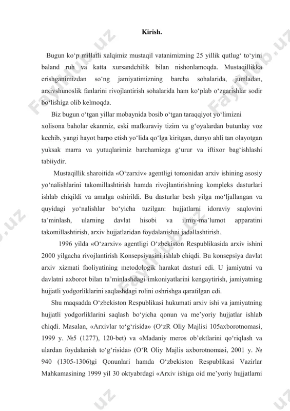 uman hokimiyatlari qoshidagi shaxsiy tarkib bo‘yicha idoralararo arxivlar tarmog‘i birmuncha kengaydi. 1995 yilda 1990 yilga nisbatan bunday arxivlar soni 13 taga ko‘paydi va 1995 yilda ularning soni 91 tani tashkil qildi. bu arxivlar shaxsiy tarkib bo‘yicha hujjatlar saqlovini va fuqarolarga ijtimoiy–huquqiy ma’lumotnoma berishni yaxshiladi. 1990-1995 yillarda davlat arxivlari idoraviy arxivlarda 115 ta kompleks, 1378 ta mavzu bo‘yicha, 1705 ta nazorat qilish maqsadida tekshirish o‘tkazdi. shu bilan birga, arxiv tashkilotlari respublika ayrim idoralari tarmoqlarida kompleks tekshiruvlar o‘tkazdilar. masalan, 1991-1995 yillarda quyidagi idoralar tarmoqlari kompleks tekshirildi: o‘zbekiston respublikasi markaziy statistika qo‘mitasi (1991 y.), mahalliy sanoat vazirligi (1992 y.), «o‘zsanoatfuqaroqurilish» korporatsiyasi (1993 y.), oliy va o‘rta maxsus ta’lim vazirligi (1994 y.), sog‘liqni saqlash vazirligi (1995 y.) va hokazolar. o‘zbekiston davlat sanoat va fuqarolar qurilishi korporatsiyasining kompleks tekshirilishi natijasida 31 ta arxiv tashkiloti nazoratidagi 106muassasalarning 26 tasi binolar bilan ta’minlanganligi, ulardan 20 tasi stelajlar bilan jihozlanganligi aniqlandi. 31 ta tashkilotdan 17 tasining ish yuritish …