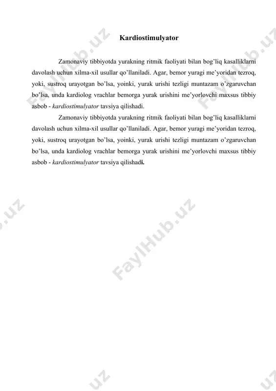 dli kameralarning qisqarishiga va qonni pompalanishiga olib keladi [3] , shu bilan yurakning elektr o’tkazuvchanligi tizimining funktsiyasini tartibga soladi.. elektrokardiostimulyatorning asosiy maqsadi yurakning tabiiy yurak stimulyatori etarlicha tez emasligi yoki yurakning elektr o’tkazuvchanligi tizimida blokirovka mavjudligi sababli yurak urish tezligini etarli darajada ushlab turishdir. zamonaviy yurak stimulyatorlari tashqaridan dasturlashtiriladi va kardiologga, xususan, yurak elektrofiziologiga individual bemorlar uchun optimal yurak stimulyatori rejimlarini tanlash imkonini beradi. ko’pgina yurak stimulyatorlari talabga javob beradi, bunda yurakning stimulyatsiyasi qon aylanish tizimining dinamik talabiga asoslanadi . boshqalar esa ma’lum tezlikda impulslar yuboradilar. implantatsiya qilinadigan kardioverter-defibrilator deb ataladigan o’ziga xos yurak stimulyatori turi yurak stimulyatori va defibrilator funktsiyalarini bitta implantatsiya qilinadigan qurilmada birlashtiradi boshqalar, biventrikulyar yurak stimulyatori deb ataladi , ularning sinxronizatsiyasini yaxshilash uchun qorinchalar (yurakning pastki kameralari) ichidagi turli pozitsiyalarni rag’batlantiradigan bir nechta elektrodlarga ega. doimiy yurak stimulyatori implantatsiyasi · elektrokardiostimulyator implantatsiyasi chuqur behushlik talab qilmaydigan va lokal behushlik ostida amalga oshiriladigan minimal invaziv va kamroq …
