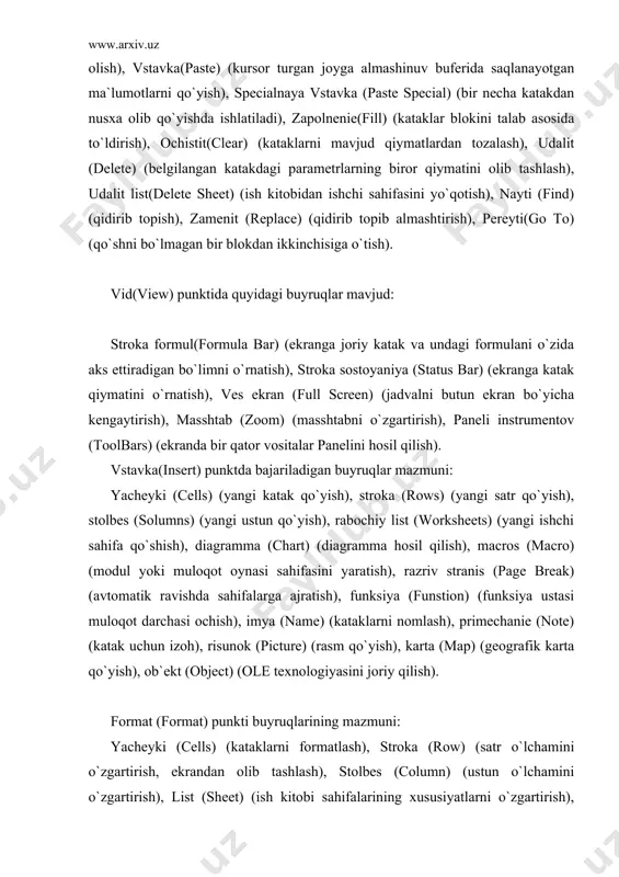 ssenariya(scenarios) (echiladigan masala ssenariysi tuziladi), zahita(protections) (himoya vositasi), zapis makrosa(record macro) (makrokomandalar bilan ishlash). dannie(data) punkti buyruqlari mazmuni: sortirovka (sort) (alfavit bo`yicha tartiblash), filtr (filter) filtrlash, forma (form) itogi (subtotals), tablisa podstanovki (table), tekst po stolbsam (text to columbns), konsolidasiya (consolidate), структура (group and outline), svodnaya tablisa (pivottable) muloqot darchasidan tanlab olingan holda bajariladi. windows punkti buyruqlari bevosita ma`lumotlar bilan ishlashga mo`ljallangan: raspolojit (arrange) buyrug`i – muloqot darchasi bo`yicha bir necha hujjatlar, ob`ektlar yoki ularning ma`lum bir qismlari bilan bir vaqtning o`zida ishlab, ularni alohida oynalarga joylashtirilgan holda ekranga chiqarib beradi. novoe okno(new window) buyrug`i-bir ish kitobi uchun bir necha oyna hosil qilishni amalga oshiradi. skro`t(hide) buyrug`i oynalardan birontasini xotirada saqlagan holda ekrandan yo`qotadi. pokazat (unhide) buyrug`i - yashiringan oynalardan ixtiyoriysini ekranga chiqarib beradi. razdelit (split) buyrug`i-joriy oynani to`rt qismga bo`ladi va bu qismlarning har birida ish sahifasining alohida qismlarini ko`rish mumkin. zakrepit oblast(freeze panes) - buyrug`i bilan ishchi sahifada …