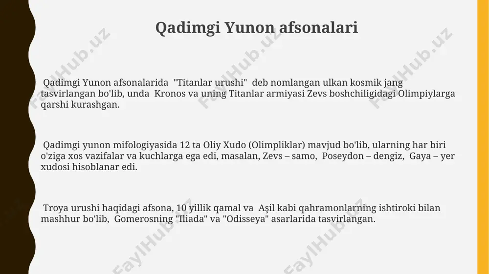 ar va tabiiy hodisalar bilan bogʻliq. qadimgi misr afsonalari "osirisning o'limi va tirilishi" afsonasi, o'lim va qayta tug'ilish tsiklining ramzi sifatida, 3000 yildan ortiq davom etgan qadimgi misr madaniyatiga chuqur ta'sir ko'rsatgan. qadimgi misr mifologiyasida 20 dan ortiq xudolar mavjud bo'lib, ularning har biri o'ziga xos kuch va vazifalarga ega edi, masalan, quyosh xudosi ra yoki o'lim xudosi anubis. qadimgi misrliklar 4 ta asosiy qismdan iborat dunyoqarashga ega edilar: yer, osmon, yer osti va nil daryosi, bu tushunchalar ko'plab afsonalar va e'tiqodlarga asos bo'lgan. xitoy afsonalari afsonaviy imperator xuangdi davrida (taxminan 2697-2597 yillar avval) xitoyda sehr-jodu, sehrgarlik va immortallikka oid ko'plab rivoyatlar paydo bo'lgan. xitoy afsonalarida 12 ta hayvon yili mavjud bo'lib, har bir yil ma'lum bir hayvon bilan bog'liq va insonlarning fe'l-atvoriga ta'sir ko'rsatadi deb ishoniladi. xitoy mifologiyasida 5 ta muhim element mavjud: yog'och, olov, tuproq, metall va suv, bu elementlar kosmos va insonning o'zaro ta'sirini ifodalaydi. avstraliya aborigenlarining …