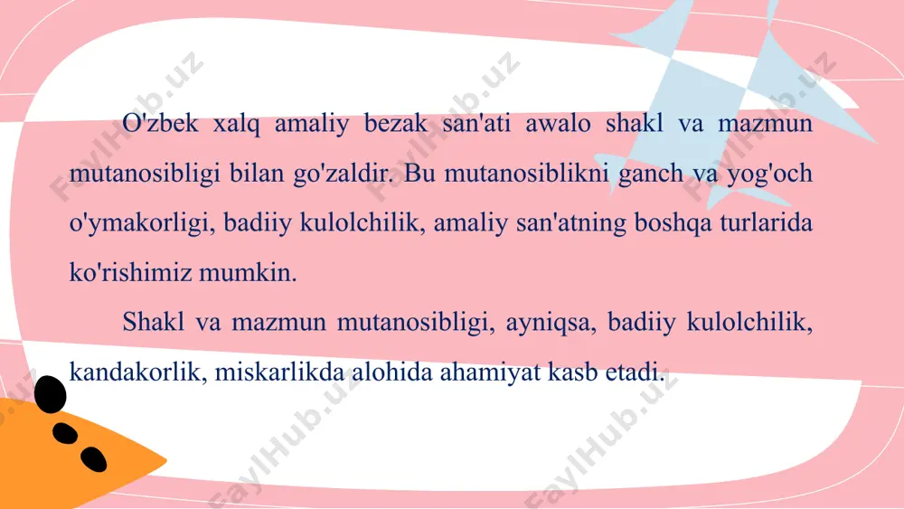 lan ham go'zaldir. rishton, g'urumsaroy va xonqa ustalari moviy, yashil rangli islimiy naqshlar bilan, toshkent, shahrisabz, g'ijduvon va samarqand ustalari esa qizil, sariq va jigarrang tusdagi ishlari bilan mashhurdirlar (31-a, b, c/rasmlar), kulolchilik san'atida amaliy shakllaming ramziy ma'no kasb etuvchi stilizatsiyalashtirilgan shakllari ham qo'llaniladi. o'zbekiston kulolchilik san'atida xivalik raimberdi matchonov, toshkentlik turob sheraliyev, muhiddin rahimov, akbar rahimov, rishtonlik rustam usmonov, muzaffar saidov, sharofiddin yusupov, samarqandlik mahkam obloqulov, abduraim muxtorov, uba qishlog'idan hamro rahimovlar yuksak badiiy saviyadagi ku­lolchilik asarlari yaratganlar. o'zbekiston kulollarining mahorati haqida afsonalar, ertaklar to'qilgan, ular asosida filmlar yaratilgan («yettinchi jin» filmini eslang). 32-rasm. rishtonlik kulollar sulolasining yettinchi avlod vakili firdavs yusupov muhiddin rahimov (1903 - 1988) (33-rasm) toshkentlik mashhur usta kulol, o'zbekiston xalq rassomi, san'-atshunoslik fanlari nomzodi, davlat mukofoti laureati, orden va medallar sohibi. buxoro, samarqanddagi tarixiy-me'moriy obidalarni ta'mirlashda ishti-rok etgan. asarlari jahonning bir qator muzeylarida saqlanadl lining ishini o'g'li — o'zbekiston xalq rassomi akbar rahimov va nabirasi …