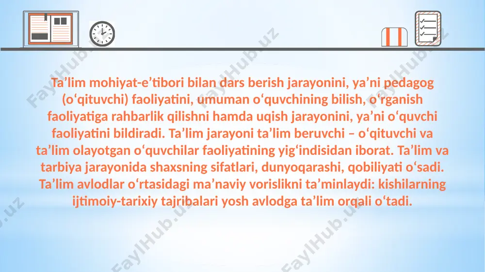 ihat va xususiyatlar bilan bog’liq holdagi qadriyat shaklidir. umuminsoniy qadriyatlar millatning tarixini yashash tarzi, ma’naviyati, madaniyati orqali namoyon bo’ladi. ta’lim jarayonida umuminsoniy qadriyatlar ijtimoiy-tarixiy hodisani ifodalaydi. ma’naviyat milliy urf-odatlar, tarbiya an’analari, axloq-odob aqidalari, e’tiqod, madaniy-ma’rifiy jarayonlar majmuasidir. ma’naviy qadriyatlar-bu falsafiy va ijtimoiy tushunchalar bo’lib, insonni o’rab olgan atrof-muhitni amaliy jihatdan o’zlashtirish natijasida vujudga keladi. ta’lim tarbiya jarayonida ma’naviy qadriyatlar ijtimoiy tarixiy hodisani ifodalaydi. umuman xulosa qilib aytganda bugungi yoshlarni mustaqillik ruhida tarbiyalashdan maqsad, ta’lim-tarbiya samaradorligini oshirish bilan birga jamiyatimizning iqtisodiy, ijtimoiy, siyosiy salohiyatini ko’tarishga xizmat qiladi. o’zbekiston respublikasining davlat mustaqilligiga erishuvi ta’lim va tarbiyani milliy shakllantirishga va rivojlantirishga keng yo’l ochib berdi. milliy tarbiya nazariyasi o’z qoidalarini asoslash uchun falsafa, adabiyot, etika, estetika, pedagogika, psixologiya kabi fanlardan foydalanadi. milliy tarbiya hayotning mohiyati ichki aloqa va munosabatlarini aks ettiradi.bugungi kunda shunchaki bilim egasi bo’lgan yoshlar emas, ijodkor, iste’dodi bilan ajralib turuvchi o’quvchilarni tarbiyalash zamon talabidir. maktabda ta’lim olish davrida milliy tarbiya …