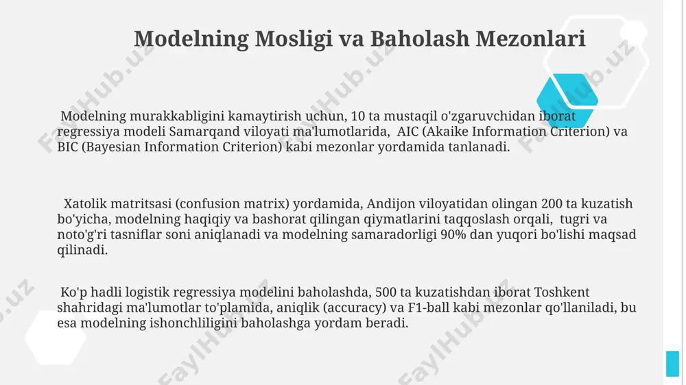 rativ jarayon orqali optimal parametrlar topiladi, masalan, toshkent shahridagi bank mijozlari ma'lumotlarida. l1 yoki l2 kabi penalizatsiya usullaridan foydalanish orqali, 50 ta o'zgaruvchili modelda parametrlarni qisqartirish va haddan tashqari moslashuvning oldini olish mumkin, bu esa modelning umumiylashtirish qobiliyatini yaxshilaydi, masalan, farg'ona vodiysidagi ma'lumotlar tahlilida. parametrlarning standart xatoliklarini hisoblash uchun fisher ma'lumot matritsasi yoki 250 ta takrorlashdan iborat bootstrap usuli qo'llanilishi mumkin, bu esa parametrlarning aniqlik darajasini baholashga yordam beradi, jumladan, samarqand viloyati bo'yicha tadqiqotlarda. modelning cheklovlari va kamchiliklari modelning aniqligi, 2000 ta kuzatish bilan o'qitilgan holda, taxminan 85% ga yetdi, biroq multikollinearity mavjud bo'lganda, xatoliklar ortadi va koeffitsiyentlarning talqini qiyinlashadi, masalan, toshkent va samarqand shaharlaridagi iqtisodiy ko'rsatkichlar o'xshash bo'lsa. multinomial logistik regressiya modeli ko'p sinfli tasniflash muammolarini, masalan, 3 ta turdagi gulni (iris) tasniflashni, 10 ta mintaqadan (o'zbekiston) biri uchun prognoz qilishni yaxshi hal qiladi, lekin katta hajmdagi ma'lumotlar uchun hisoblash vaqtini ko'paytirishi mumkin. modellashtirishda 10 ta mustaqil o'zgaruvchi ishlatilgan …