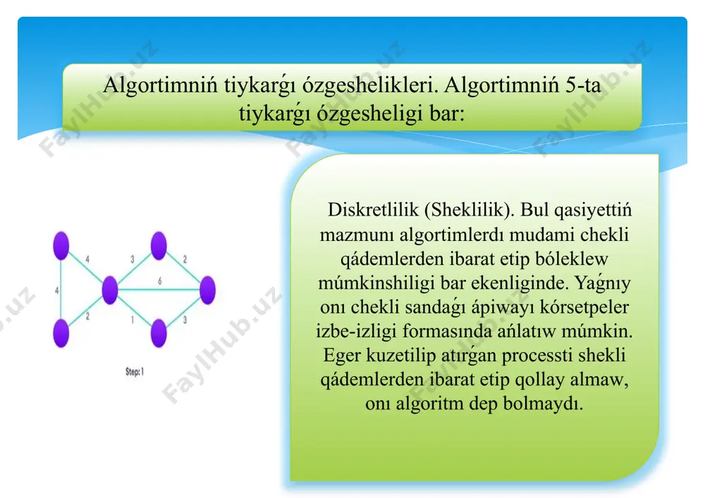 aydalanıw algortimlerı ápiwayı bolǵan sebepli olardı ózlestirip alıw ańsat. joqarıda kórilgen algortimlerdıń súwretlew usıllarınıń tiykarǵı maqseti, qoyılǵan máseleni sheshiw ushın zárúr bolǵan ámeller izbe-izliginiń eń qolay jaǵdayınni anıqlaw hám usınıń menen adam tárepinen programma jazıwdı jáne de ańsatlastırıwdan ibarat. blok -sxemalar menen islewdi jaqsılap ózlestirip alıw zárúr, sebebi bul usıl algortimlerdı ańlatıwdıń qolay qurallarından biri bolıp programma dúziwdi ańsatlashtiradi, programmalastırıw qábiletin bekkemleydi. algoritmik tillerde blok - sxemanıń tiykarǵı strukturalarına arnawlı operatorlar sáykes keledi. sızıqlı algortimler. hár qanday quramalı algoritmdı da ush tiykarǵı struktura járdeminde súwretlew múmkin. bular izbe-izlik, ayır hám tákirarlaw strukturaları bolıp tabıladı. bul strukturalar tiykarında sızıqlı, tarmaqlanıwshı hám tákirarlanıwshı esaplaw processleriniń algortimlerın dúziw múmkin. ulıwma alǵanda, algortimlerdı shártli túrde tómendegi túrlerge ajıratıw múmkin: sızıqlı algortimler ; tarmaqlanıwshı algortimler ; tákirarlanıwshı yamasa siklik algortimler ; ishpe-ish jaylasqan siklik algortimler ; rekurrent algortimler ; tákirarlanıwlar sanı aldınan belgisiz algortimler ; izbe-iz jaqınlasıwshı algortimler. paydalanılǵan ádebiyatlar 1. o.t. kenjaboev, r. x. …