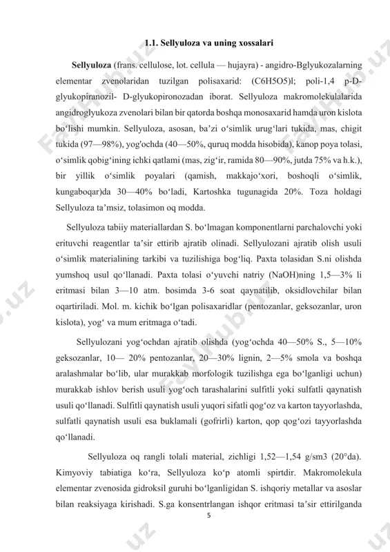 uglerod, vodorod va kisloroddan iborat. xuddi shu elementlar havo va suvda ham mavjud. shakar barglarda hosil boʻlib, oʻsimlik shirasida eriydi. soʻng oʻsimlikning butun tanasiga tarqaladi. shakarning asosiy qismi oʻsimlik oʻsishi va tiklanishiga yordam beradi, qolgani esa sellyulozaga aylanadi. oʻsimlik undan yangi hujayralar qobigʻini yaratish uchun foydalanadi. sellyuloza — sunʼiy ravishda olib boʻlmaydigan tabiiy mahsulotlardan biri. biz undan turli sohalarda foydalanamiz. odam quruq, hatto nami qolmagan oʻsimlikdan ham sellyuloza oladi. masalan, yovvoyi paxta — kiyim ishlab chiqarishda odam foydalanadigan tabiiy sellyulozaning eng sof shakllaridan biri. sellyuloza inson oziq-ovqat sifatida foydalanadigan koʻkat, selderey kabi o’simliklar, shuningdek, kepakli mahsulotlar tarkibida bor. inson tanasi sellyulozani hazm qila olmaydi, ammo undan parhezda “dagʻal ozuqa” sifatida foydalanishi mumkin. qoʻy va tuya kabi ayrim hayvonlar oshqozonida sellyulozani hazm qila oladigan bakteriyalar mavjud. sellyuloza qimmatbaho xomashyo boʻlib, odam undan turli xil mahsulotlar oladi. tarkibi 99,8 foiz sellyulozadan tashkil topgan paxta esa sellyuloza tolasidan nimalar ishlab chiqarish mumkinligini ko’rsatuvchi …
