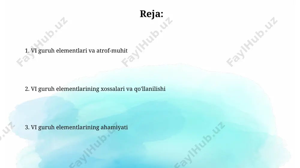 an, 10 dan ortiq telluroproteinlarning tuzilishi va faoliyatida ishtirok etadi. organizmdagi selen va tellurning optimal darajasi immunitet tizimining samarali ishlashi uchun juda muhimdir; kamchiliklar turli xil kasalliklar xavfini oshirishi mumkin. vi guruh elementlarining tibbiyotdagi qo'llanilishi vi guruh elementlari, xususan, selen (se) va xrom (cr) kabi metallar, qonda 0.1-0.3 mg/l konsentratsiyada uchrab, antioksidant fermentlar tarkibiga kiradi va shu orqali hujayra shikastlanishini oldini oladi. molibden (mo) fermentlarning ko'plab muhim biokimyoviy jarayonlarida, jumladan, azot almashinuvida ishtirok etadi, uning yetishmasligi anemiya va boshqa kasalliklarga olib kelishi mumkin. kislorod: tarqalishi va ahamiyati kislorodning yuqori reaktivligi tufayli u turli metallar bilan reaksiyaga kirishib, oksidlarni hosil qiladi, bu jarayon korroziya va metallarning oksidlanishida muhim rol o'ynaydi. kislorod, yer atmosferasining taxminan 21% ini tashkil qiladi va deyarli barcha tirik organizmlar uchun nafas olish jarayonida muhim ahamiyatga ega bo'lgan biokimyoviy reaksiyalarda ishtirok etadi. vi guruh elementlarining elektronika sanoatidagi qo'llanilishi tellur (te) cdte va hgcdte kabi muhim yarimo'tkazgich birikmalarining tarkibiy …