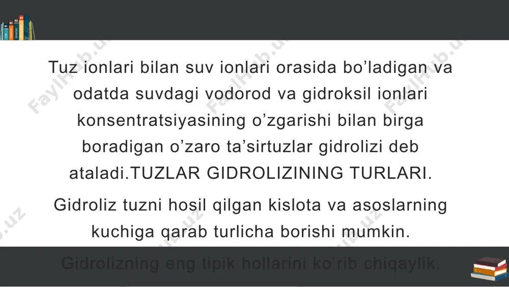 a eritmada qoladi kationlararo gidrolizlanish.kuchli kislota va kuchsiz asosdan hosil bo`lgan tuzlar kationlararo gidrolizlanadi. bu tipdagi tuzlar gidrolizlanganda tuz tarkibidagi kationlar suvning oh- ionlari bilan birikib, kam dissosilanadigan birikmalar hosil qiladi, natijada eritmadagi oh- ionlarining konsentrasiyasi kamayib, h+ ionlarining konsentrasiyasi ortadi. vodorod ionlarining konsentrasiyasi ortganligi uchun eritma kislotali muhitga ega bo`ladi 1. qanday tuzlar gidrolizlanadi? nima uchun? 2. tuzlarning gidrolizlanishini kimyoviy jarayon deb atash mumkinmi? nima uchun? 3. quyidagi tuzlarning gidrolizlanish jarayoni tenglamasini yozing va hosil bo‘lgan eritma muhitini aniqlang: zncl2, k2so3 , na2so4 . 4. o‘yuvchi natriyning 200 g 10 % li eritmasiga 11,2 l co2 yuttirildi. natijada qanday tuz (necha gramm) hosil bo‘ladi? eritma muhiti qanday bo‘ladi? 5. na2sio3 va feso4 tuzlari gidrolizlansa eritma muhiti qanday bo‘ladi? thank you click here to add a subtitle image1.png image2.png image3.png image6.png image5.png image4.png image7.png image8.png image9.png image10.png image11.jpeg image12.jpeg