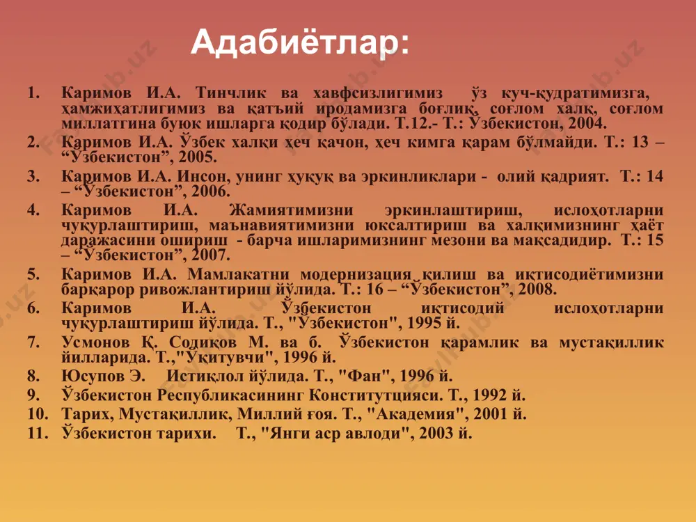 mir, po’lat, stanoklar ishlab chiqarish bo’yicha dunyoda 1-o’rinni egallashiga qaramasdan mamlakatda raqobatbardosh mahsulotlar ishlab chiqarishning yo’lga qo’yilmaganligi qayd etildi. 80-yillarning o’rtalarida sssrning ijtimoiy-siyosiy, iqtisodiy, ma’naviy hayotida inqirozli vaziyatning yanada keskinlashuvi ro’y bera boshladi. qayta qurish konsepsiyasi cheklangan bo’lib, u sssrni taraqqiyotini ta’minlay olmas edi. qayta qurish yillarida o’zbekistonda ijtimoiy-siyosiy hayot yomonlashdi. respublikada milliy urf-odatlar, an’analar, qadriyatlar toptaldi, buning oqibatida xalq orasida loqaydlik, ishonchsizlik va norozilik kuchaydi. farg’ona fojeasi yuz berdi. milliy o’zlikni anglash boshlandi. o’zbek tiliga davlat tili maqomini berilishi, paxta yakkahokimligini tugatilishi, ekologik holatni sog’lomlashtirilishi o’zbekistonda dolzarb masala sifatida ko’tarildi. 1- bosqich mag’lub bo’ldi qayta qurishning 1-bosqichi (1985-1987-yillar) ma’muriy-tashkiliy tadbirlar avvalgidek buyruqbozlik asosida olib borildi bu bosqichdagi vazifa - ilmiy-texnika taraqqiyoti yutuqlarini ishlab chiqarishga jalb etish asosida jamiyatda tub iqtisodiy taraqqiyotni jadallashtirish va uning asnosida inson omilini faollashtirish edi. qayta qurishning dastlabki davrlarida asosiy e’tibor iqtisodiyotni rivojlantirishga qaratildi. 1986 yilda qayta qurish va ijtimoiy munosabatlarga alohida e’tibor berildi. 1986 …