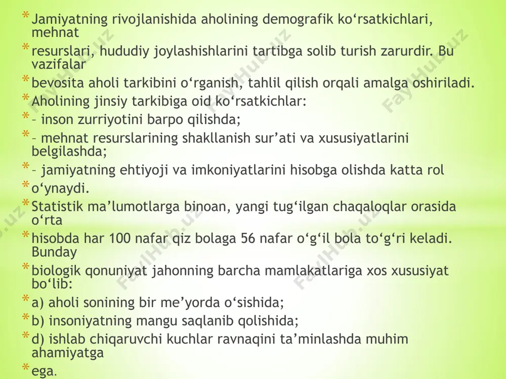 : aholining mamlakat ichkarisida bir joydan ikkinchi joyga ko‘chishi ichki migratsiya, bir mamlakatdan boshqa mamlakatga ko‘chishi esa tashqi migratsiya deb ataladi. ichki va tashqi migratsiyaning sabablari har xil bo‘lishi mumkin. masalan, hozirgi vaqtda statistikada aholi migratsiyasining quyidagi sabablari ajratib ko‘rsatiladi: o‘qishni davom ettirish, ish joyini o‘zgartirish, ishga joylashish imkoniyati yo‘qligi, shuningdek, tadbirkorlik yoki individual mehnat faoliyati, ekologik sharoitlardan qoniqmaslik, qishloq (shahar) joylarida yashashni istamaslik va boshqalar. image1.jpeg image2.png /docprops/thumbnail.jpeg