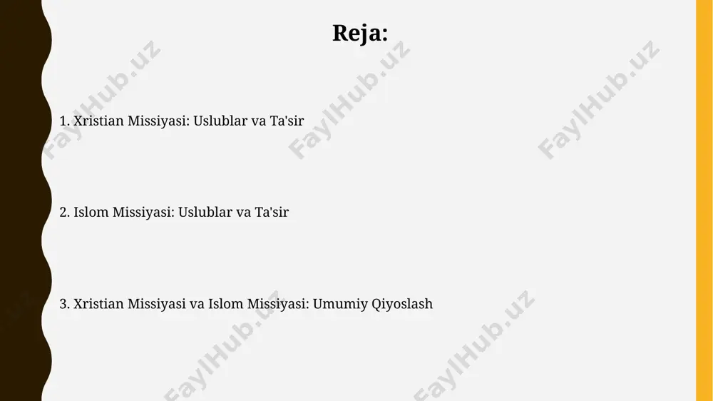 omillar bilan bog'liqdir. missionerlikning asosiy usullari va strategiyalari ikkala missionerlik uslubida ham, "shaxsiy guvohlik" deb ataluvchi, o'z tajribalarini baham ko'rish va boshqalarni o'z e'tiqodlariga undash usuli asosiy ahamiyat kasb etadi, bu esa samaradorlikni oshirish uchun turli xil kommunikativ usullarni o'z ichiga oladi. islom missionerlik ishlarida, masjidlar va islom markazlari kabi 1000 dan ortiq diniy muassasalar tarmog'i, jamoat bilan yaqin aloqani ta'minlash va da'vat ishlarini olib borish uchun muhim vosita hisoblanadi. muvaffaqiyat va qiyinchiliklar islom missiyasi esa, qur'on ta'limotlariga ko'ra, tinchlik va bag'rikenglikka chaqiradi, ammo ba'zi ekstremistik guruhlar islom nomidan zo'ravonlikni targ'ib qilmoqdalar, bu esa missionerlik faoliyatiga salbiy ta'sir ko'rsatadi. xristian missiyasi ishlari global miqyosda 2 milliarddan ortiq tarafdorga ega bo'lib, madaniy farqlar tufayli missionerlar katta qiyinchiliklarga duch kelmoqdalar, ayniqsa, rivojlanayotgan mamlakatlarda. zamonaviy dunyoda missionerlik faoliyatining roli missionerlik faoliyatining muhim jihati – 50 dan ortiq tilga tarjima qilingan injil va qur'on kabi muqaddas matnlarning tarqalishi orqali diniy ta'limning global miqyosda kengayishi …