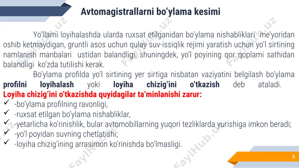 . iii chirchiq,ohongoron, angren, zomin, forish, chotqol qoradaryo, janubiy va g’arbiy oloy, turkiston, nurota, sanzar, xatirchi, samarqand, quyi qashqadaryo, g’uzor, kitob, shaxrisabz, surxondaryo tumanlarini yetarli namlikka ega bo’lmagan geografik tekis, tog’ oldi mintaqalarni qamrab oladi. iv qolgan tumanlarga quruq iqlimli geografik mintaqada sug’orish va yuvish natijasida me’yoriy namlangan yerlar kiradi. 3.2 - jadval 3.1-jadval 8 loyiha chizig’ini o’zgarmas nishab bilan o’tkazishda yechiladigan masalalar a - berilgan bo’ylama nishablikka ega bo’lgan chiziqning sirtga chiqish joyini aniqlash; b - bo’ylama profilning to’g’ri chiziqli qismida o’ymadan ko’tarmaga o’tish nuqtasini topish; v - shuning o’zi vertikal egri chiziqli qismida; 1 - bo’ylama profil chizig’i; 2 - yer sirti chizig’i. 9 bu yerda, h2, h1-uchastkaning boshida va oxiridagi ishchi belgilari, m; l-loyiha chizig’i va yer sirti o’zgarmas qiyaliklarga ega bo’lgan uchastkaning uzunligi, m. 3.2 formuladan quyidagini hosil qilamiz: chiziqni vertikal egri chiziq bo’ylab o’tkazishda yer yuzasi bilan kesishish nuqtasi (3.2 - rasm, v) vertikal egri …