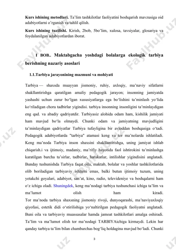 oqiy qiyofasi, estetik didi oʻstirilishiga yoʻnaltirilgan pedagogik faoliyatni anglatadi. buni oila va tarbiyaviy muassasalar hamda jamoat tashkilotlari amalga oshiradi. taʼlim va maʼlumot olish tor maʼnodagi tarbiyaichiga kirmaydi. lekin har qanday tarbiya taʼlim bilan chambarchas bogʻliq holdagina mavjud boʻladi. chunki taʼlim va maʼlumot olish jarayonida shaxsning fakat bilimi koʻpayibgina qolmay, balki axloqiymaʼnaviy sifatlari qaror topishi ham tezlashadi. tarbiya har qanday jamiyat va har qanday mamlakat hayotida hal qiluvchi ahamiyat kasb etadi. yosh avlodning , umuman, jamiyat aʼzolarining tarbiyasi bilan yetarlicha shugʻullanmagan mamlakat turgʻunlik va inqirozga mahkumdir. negaki, oʻsishi va rivojlanishi uchun har qanday jamiyatda ham moddiy va maʼnaviy boyliklar ishlab chiqarish. toʻxtovsiz ravishda yuksalib borishi lozim. buning uchun yosh avlod moddiy va maʼnaviy boyliklar yetishtirishni ajdodlari darajasida, ulardan ham yaxshiroq ishlab chiqara bilishlari kerak. yosh avlodda ana shunday moddiy va maʼnaviy qobiliyatlarni shakllantira bilish uchun esa, jamiyat uzluksiz ravishda samarali faoliyat koʻrsatadigan tarbiyaviy intlar tizimiga ega boʻlishi lozim. tarbiyajamiyat taraqqiyotining turli …