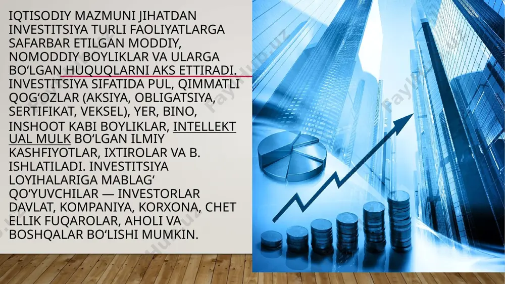 het el kapitalini jalb qilishning hamma shakllari ham moliyalashtirishning tashqi manbai bulmasligi mumkin. bu birinchi navbatda foiz to'lovlari bilan qaytarishni talab etadigan kreditlar va qarzlarga taaluqli. chunki, chet el kreditlari va xalqaro moliya institutlari qarzlari maʼlum vaqt oʻtgach asosiy qarz bilan birga belgilangan foizlarining qaytarilishini talalb etadi. chetdan jalb etiladigan xorijiy investitsiyalar bilan chet eldan kiritiladigan kreditlarninig oʻziga xos farqlari mavjuddir. bu borada xorijiy investitsiyalar risklar doirasi bilan chet el kreditlari risklari kengligi farqlanadi. xorijiy investitsiyalarning shakllari bugungi kunda xorijiy investitsiyalarni jalb qilishning bir qancha shakllari mavjud: ulush qoʻshib qatnashishi orqali qoʻshma korxonalarni tashkil etish; 100 % mol-mulk xorijiy investorga tegishli boʻlgan xorijiy korxonalarni tashkil etish; yirik xorijiy kompaniya va firmalarning shoʻba korxonalari va filiallarini tashkil etish; konsessiya va lizing shartnomalari tuzish; tenderlar eʼlon qilish; erkin iqtisodiy hududlar tashkil etish; moliyaviy aktivlarni sotish va sotib olish. o‘zbekiston respublikasi prezidentining “yangi o‘zbekiston ma’muriy islohotlarini amalga oshirish chora-tadbirlari to‘g‘risida” gi 2022-yil 24-dekabrdagi …