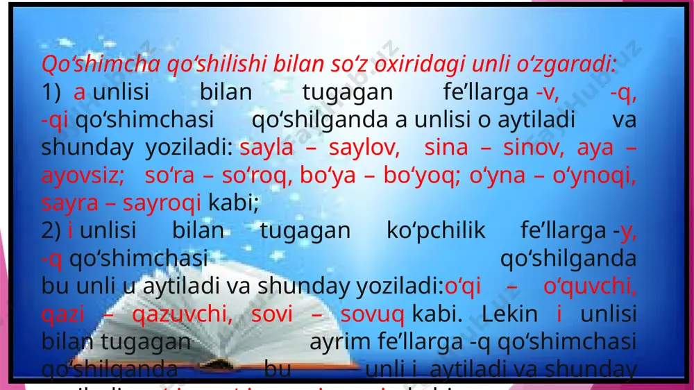 bon, masxaraboz kabi. lekin -vachcha qo‘shimchasi hamma vaqt shunday aytiladi va yoziladi: amakivachcha, xolavachcha kabi o‘rin kelishigi va chiqish kelishigi qo‘shimchasining, o‘tgan zamon yasovchisi va iii shaxs ko‘rsatkichi -di qo‘shimchasining boshidagi undosh ba’zan t aytilsa ham, hamma vaqt d yoziladi: ishda, misdan, ketdi, kelmabdi kabi. quyidagi qo‘shimchalarning bosh tovushi ikki yoki uch xil aytiladi va shunday yoziladi: 1) taqlid so‘zlardan fe’l yasovchi -illa (chirilla, taqilla) qo‘shimchasi so‘z tarkibida v yoki u tovushi bo‘lganda -ulla aytiladi va shunday yoziladi: shovulla, lovulla, gurulla kabi; 2) nisbat shaklini yasovchi -dir qo‘shimchasi jarangli undosh bilan tugagan bir bo‘g‘inli so‘zlarga (kel so‘zidan boshqa), shuningdek, z undoshi bilan tugagan orttirma nisbat yasovchisidan keyin qo‘shiladi: quvdir, egdir, kuldir, yondir; o‘tkazdir, tomizdir kabi. qolgan barcha hollarda bu qo‘shimcha -tir aytiladi va shunday yoziladi: tiktir, kestir, uyaltir, chaqirtir kabi; 3) jo‘nalish kelishigi qo‘shimchasi -ga, chegara bildiruvchi -gacha, ravishdosh shaklini yasovchi -gach, -guncha, -gani, -gidek, sifatdosh shaklini yasovchi -gan, buyruq …