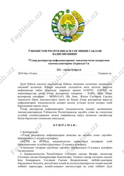 o'tkir respirator infektsiyalarning epidemiologik nazoratini takomillashtirish to'g'risida buyruq — DOC