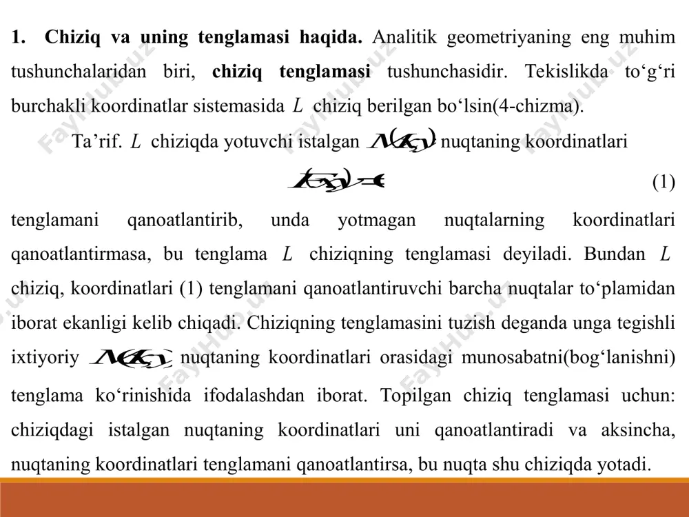 i topdik. 4) to‘g‘ri chiziqning burchak koeffitsientli tenglamasi. to‘g‘ri chiziqning o‘qi musbat yo‘nalishi bilan hosil qilgan burchagi va to‘g‘ri chiziqning ordinatlar o‘qidan ajratgan kesmasining kattaligi berilganda, uning tekislikdagi holati aniq bo‘ladi. masalan, , bo‘lsa, uning holati aniq bo‘ladi (1-chizma). image5.wmf image6.wmf image7.wmf image8.wmf image9.wmf image10.wmf image11.wmf image12.wmf image13.wmf image1.wmf image2.wmf image3.wmf image4.wmf ( ) y x m , amb a tg ab bm = a abtg bm = yuqoridagi miљdorlar berilganda to‘g‘ri chiziqning tenglamasini keltirib chiqaramiz. to‘g‘ri chiziqqa tegishli ixtiyoriy nuqta bo‘lsin (3-chizma). to‘g‘ri burchakli uchburchakdan , bundan image1.wmf image2.wmf image3.wmf image4.wmf k tg = a b kx y + = 0 = b kx y = 1 = k x y = ox 0 120 oy ) 3 ; 0 ( a oy ) 3 ; 0 ( a bm bc y + = b abtg y + = a x ab = b xtg y + = a …