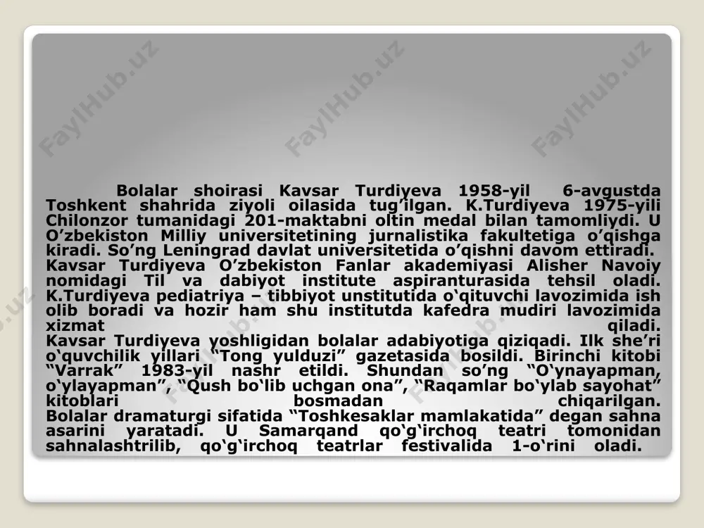 k, ezgulik va yaxshilik. kavsar turdiyeva hozirgi zamon oʻzbek bolalar sheʼriyatida oʻz ovoziga, oʻz uslubiga ega. uning sheʼrlari yosh avlod tarbiyasida katta ahamiyatga ega e’tiboringiz uchun rahmat! image2.jpeg image3.jpeg image4.jpeg image5.jpeg