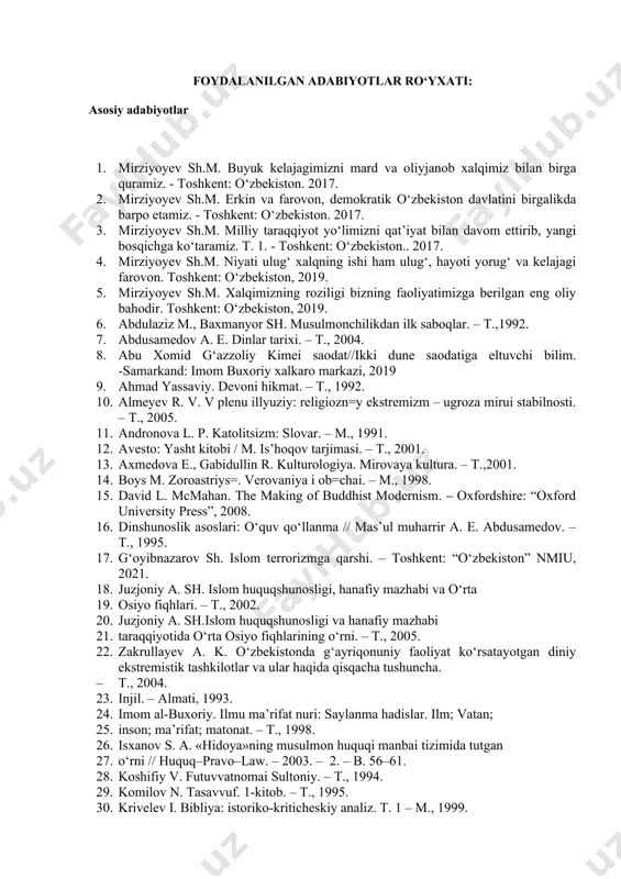 radi? 4. bugungi kunda missionerlik harakatlari xususida nimalarni bilasiz? foydalanilgan adabiyotlar ro‘yxati: asosiy adabiyotlar 1. mirziyoyev sh.m. buyuk kelajagimizni mard va oliyjanob xalqimiz bilan birga quramiz. - toshkent: o‘zbekiston. 2017. 2. mirziyoyev sh.m. erkin va farovon, demokratik o‘zbekiston davlatini birgalikda barpo etamiz. - toshkent: o‘zbekiston. 2017. 3. mirziyoyev sh.m. milliy taraqqiyot yo‘limizni qat’iyat bilan davom ettirib, yangi bosqichga ko‘taramiz. t. 1. - toshkent: o‘zbekiston.. 2017. 4. mirziyoyev sh.m. niyati ulug‘ xalqning ishi ham ulug‘, hayoti yorug‘ va kelajagi farovon. toshkent: o‘zbekiston, 2019. 5. mirziyoyev sh.m. xalqimizning roziligi bizning faoliyatimizga berilgan eng oliy bahodir. toshkent: o‘zbekiston, 2019. 6. abdulaziz m., baxmanyor sh. musulmonchilikdan ilk saboqlar. – t.,1992. 7. abdusamedov a. e. dinlar tarixi. – t., 2004. 8. abu xomid g‘azzoliy kimei saodat//ikki dune saodatiga eltuvchi bilim. -samarkand: imom buxoriy xalkaro markazi, 2019 9. ahmad yassaviy. devoni hikmat. – t., 1992. 10. almeyev r. v. v plenu illyuziy: religiozn=y ekstremizm – ugroza …