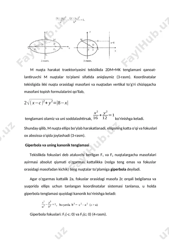 natalar markazida yotgan va yo’naltiruvchisi l ellips bo’lgan: l: konus tenglamasi tuzilsin. z c x a y b 2 2 2 2 1 yechish. faraz qilaylik, м x', y',c l ning ixtiyoriy nuqtasi bo’lsin, u holda konusning yasovchi o(0;0;0) va м x', y',c nuqtalardan o’tgan to’g’ri chiziq bo’ladi. uning fazodagi kanonik tenglamasini topamiz: x 0 y 0 z 0 yoki . z y x x' 0 y' 0 c 0 x' y' c bundan: x'; y' z zcx cy larni topib olib, yo’naltiruvchi l ning tenglamasiga qo’ysak, quyidagi tenglama hosil bo’ladi: 2 2 2 2 2 2 2c x c y x y z 1 yoki 0 a2z2 b2z2 a2 b2 c2 bu ikkinchi tartibli konusning tenglamasi, deyiladi. agar bunda a=b deb olsak, yo’naltiruvchisi a- radiusli aylana bo’lgan to’g’ri aylanma konus hosil bo’ladi, uning simmetriya o’qi z c y a 2 2 x2 oz dan iborat bo’ladi: 2 2 20 …