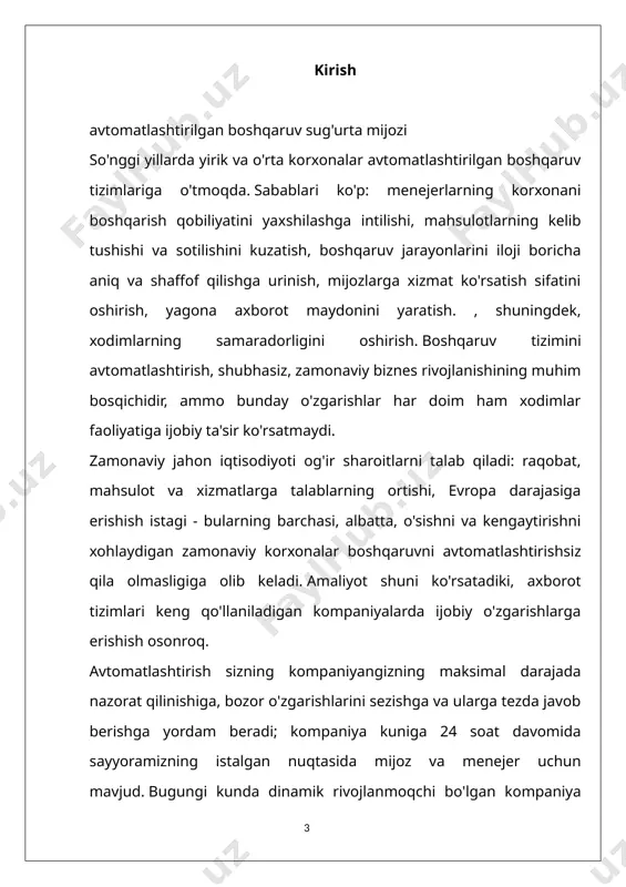 qaruv vazifalarining murakkabligi va boshqaruv tizimida qayta ishlanishi kerak bo‘lgan axborotlar hajmining ortishi bilan bog‘liq holda avtomatlashtirilgan boshqaruv tizimlarini keng joriy etish ob’ektiv zaruratdir. ushbu diplom loyihasining maqsadi mijozlarga tibbiy sug‘urta masalalari bo‘yicha ko‘rsatilayotgan maslahat xizmatlarini hisobga olish tizimini joriy etishdan iborat. 1. korxonani boshqarish tizimini diagnostik tahlil qilish boshqaruv tizimini diagnostik tahlil qilish metodologiyasi boshqaruv tizimini ratsionalizatsiya qilish bo'yicha korxona menejerlari va menejerlari faoliyatini oqilona tashkil etishga asoslanadi. u tadqiqotning maqsadlarini, predmetini, tadqiqot chegaralarini, tadqiqot vositalari va usullarini, tadqiqot ishining vositalari (resurslari) va bosqichlarini tanlashni o'z ichiga oladi. boshqaruv tizimlari bo'yicha tadqiqotlarni metodologiyasi va tashkil etish bir qator tizim xususiyatlarini hisobga olishni talab qiladi, ular quyidagilardan iborat: tadqiqotga bo'lgan ehtiyoj; tadqiqot ob'ekti va predmeti; tadqiqot resurslari; tadqiqot samaradorligi; tadqiqot natijalari. keling, ushbu xususiyatlarni ochib beraylik. 1. tadqiqotga bo'lgan ehtiyoj tizim xususiyatlari bo'yicha tadqiqotlarning ko'lami va chuqurligini belgilaydi, ularning amalga oshirilishi maqsadlarga erishishga eng katta ta'sir ko'rsatadi. 2. tadqiqot ob'ekti …