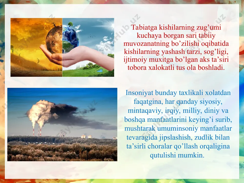 ’ri kelar ekani. dunyo okeaning ifloslanishi, jonli tabiatning yo’qotilishi yanada xavfli tus olmoqda. har yili okenlarga 12-15 mln. tonnaga yaqin neft va neft maxsulotlari tuqilmoqda, shaharlarning kengayishi, sanoat korxonalarini qo’rish uchun ming-minglab gektar yer maydonlari ajratib berilmogda, urmonlar kesilib yashil yerlar kamaymoqda. bu tendensiya, aynigsa, rivojlanayotgan mamlakatlarda xavfli tus olmoqda. dunyoda har yili 0,8% tropig’ urmonlar yo’qolib bormoqda, 200 ming’ km2 territoriyadagi tropik urmonlar kesilib qayta tiklanmay qolmoqda. adabiyotlar: karimov i.a. donishmand xalqimizning mustahkam irodasiga ishonaman «fidokor», 2000 yil 8 iyun. o‘zbekiston xxi asrga intilmoqda. – t.: «o‘zbekiston», 2000. karimova g. politiko-ekonomicheskiye reformi v uzbekistane: realii i perspektivi. t., 1995. pechchei a. chelovecheskiye kachestva. m. 1985. mamashokirov s. ekologik ta’lim-tarbiyaning metodologik masalalari. t., 1993.