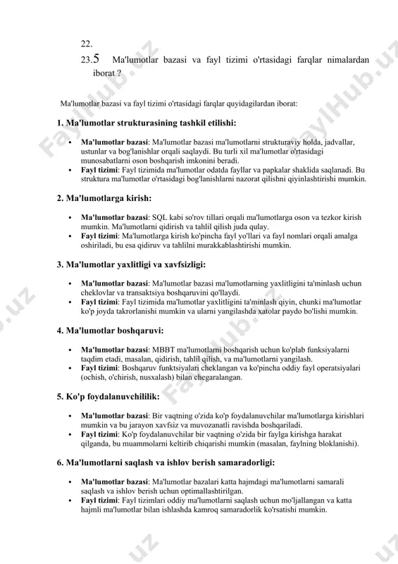 alarni boshqarish: 1. sql transaktsiya boshqaruvi (begin, commit, rollback) orqali ma'lumotlar bazasida ishonchli va bir xil holatda ishlash imkonini beradi. 1. 7. ma'lumotlar yaxlitligini ta'minlash: 1. sql orqali cheklovlar (constraints) o'rnatish mumkin, bu esa ma'lumotlarning to'g'riligini va yaxlitligini ta'minlaydi. 1. sql mdbbt ning asosiy interfeysi bo'lib, ma'lumotlarni samarali boshqarish va ulardan foydalanishda muhim ahamiyatga ega. bu tildan foydalanuvchilar o'zlarining ehtiyojlariga qarab, ma'lumotlar bazasini yanada samarali ishlatishlari mumkin. 1. 4o mini 1. 4 ma'lumotlar bazasi va fayl tizimi o'rtasidagi farqlar nimalardan iborat 1. 1. 5 ma'lumotlar bazasi va fayl tizimi o'rtasidagi farqlar nimalardan iborat ? ma'lumotlar bazasi va fayl tizimi o'rtasidagi farqlar quyidagilardan iborat: 1. ma'lumotlar strukturasining tashkil etilishi: · ma'lumotlar bazasi: ma'lumotlar bazasi ma'lumotlarni strukturaviy holda, jadvallar, ustunlar va bog'lanishlar orqali saqlaydi. bu turli xil ma'lumotlar o'rtasidagi munosabatlarni oson boshqarish imkonini beradi. · fayl tizimi: fayl tizimida ma'lumotlar odatda fayllar va papkalar shaklida saqlanadi. bu struktura ma'lumotlar o'rtasidagi bog'lanishlarni nazorat …