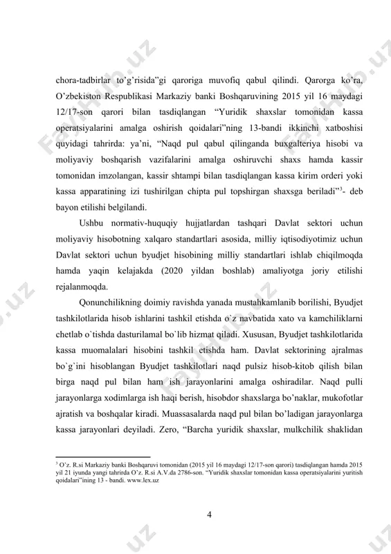 h haqi berish, hisobdor shaxslarga bo’naklar, mukofotlar ajratish va boshqalar kiradi. muassasalarda naqd pul bilan bo’ladigan jarayonlarga kassa jarayonlari deyiladi. zero, “barcha yuridik shaxslar, mulkchilik shaklidan qat’iy nazar, o’zlarining pul mablag’larini bank muassasalarida saqlanishlari shart”[footnoteref:4] byudjet tashkilotlari ham shular jumlasidandir. [4: o’zbekiston respublikasi markaziy banki boshqaruvi tomonidan (2015 yil 16 maydagi 12/17-son qarori) tasdiqlangan hamda 2015 yil 21 iyunda yangi tahrirda o’zbekiston respublikasi adliya vazirligida 2786-son bilan ro’yxatga olingan “yuridik shaxslar tomonidan kassa operatsiyalarini yuritish qoidalari”ining 1.1 - bandi. www.lex.uz ] yuqorida ta`kidlangan fikrlardan kelib chiqib aytish mumkinki, normativ-huquqiy bazaning yangilanishi yuzasidan buxgalteriya hisobi borasida ya’ni, byudjet tashkilotlarida kassa muomalalari hisobini tashkil qilish va yuritishni ham muntazam ravishda o’rganib va xalqaro me`yor talablari asosida takomillashtirib borish talab etiladi. shu jihatdan mazkur tanlangan magistrlik dissertatsiya ishi mavzusini yoritish hamda tadqiqot mavzusi bo`yicha ilmiy asoslangan taklif, tavsiya va xulosalar ishlab chiqish bugungi kunning dolzarb masalalardan biri hisoblanadi. mavzuning ob’yekti va predmeti. mazkur …