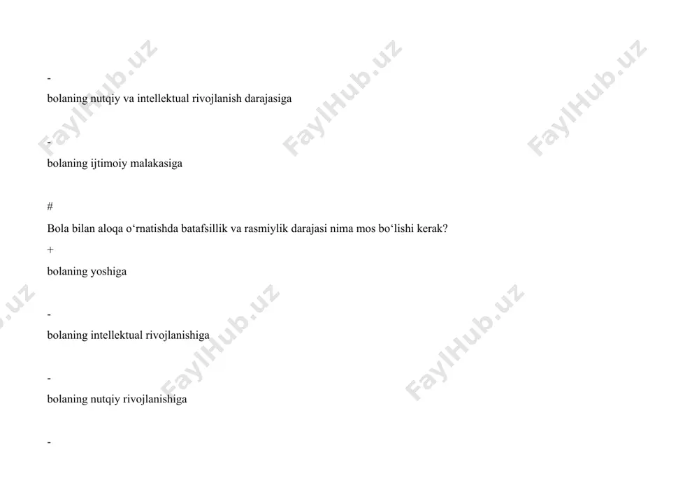 prement # logotexnologiyada birlamchi nutqiy rivojlanishdan orqada qolishni ajratib olish imkonini beruvchi differensial diagnostika metodlarini ishlab chiqishdan maqsad nima? + o‘xshash nuqsonlardan farqlash - korreksiya qilish - erta tashxis qilish - erta korreksiya qilish # logopedik ishda bolalar nutqini rivojlantirish samaradorligiga erishish uchun ularning qaysi xususiyatlarini hisobga olish muhimdir? + bilim darajasi, qiziqishi va shaxsiy qobiliyati - intelekti, qiziqishlari va tafakkuri - xotira sezgi va atrofni idrok qilish qobiliyatiga - xissiyot xatira va lug‘at boyligiga. # nutqning impressiv tomonini o‘rganishdan avval, boladagi qaysi xususiyat tekshiriladi? + fiziologik eshitish qobiliyati - faol lug‘ati - fonematik idroki - bog‘langan nutqi # motor alaliyaga ega bolalarning nutqni tushunish xususiyatlari ilk marotaba kimning tadqiqotlarida o‘rganilgan? + jarenkova - morozova - mikulinskaya - luriya # so‘zlarni tushunish darajasini tekshirishda 5-6 yoshdagi bolalarga ketma-ketlikda nechta predmetni ko‘rsatish talab etiladi? + 2-3 ta - 1-2 ta - 4-5 ta - 5-6 ta # qiyin sharoitlarda so‘zlarni tushunishni …