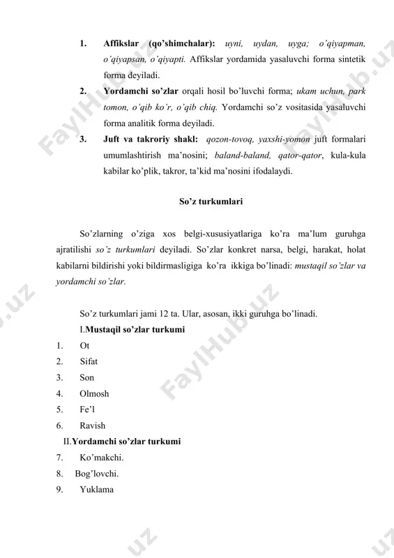 sh, til, burun. 4. donalab sanalmaydigan otlarga -lar qo’shilsa, shu predmetning turi, navi, xili anglashiladi: unlar, yog’lar, suvlar. 5. ma’lum kasb-hunar, fan, shu kasb-hunarga, fanga oid sohani bildiruvchi otlar ko’plik shaklida qo’llanmaydi: o’qituvchilik, dehqonchilik, olimlik, matematika, ximiya, tilshunoslik. quyidagi hollarda otlar doimo birlik shaklida bo’ladi: 1. izohlovchi-izohlanmish munosabatidagi birinchi so’z: qiz bola, oshpaz kampir, injener qodirov. 2. sifatlovchi son bilan ifodalansa, har ikki qism ham birlikda bo’ladi: beshta kitob, o’ntacha sayyoh, uchala bola, bir-ikkita gap, besh kun. otlar nutqda har doim birlik yoki ko’plik shaklida bo’ladi. o’zbek tilida otning son shakli (birlik va ko’plik) sintaktik munosabat bildirmaydi. egalik tushunchasi birlik ko’plik 1. -(i)m: -(i)miz axloqim, axloqimiz 2 -(i)ng -(i)ngiz axloqing, axloqingiz 3 -i (si) -i axloqi, axloqlari singlisi, birisi so’zlarida ikkita egalik qo’shimchasi mavjud. egalik affikslaridan ii shaxs ko’plik shakli bir necha ko’rinishga ega: kitobingiz, kitobinglar, kitoblaring. egalik affiksining iii shaxs formasi birlik va ko’plik uchun umumiydir. i va ii …