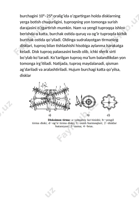 shundaki, ularni tor joylarda yoki tosh yoki daraxtlar kabi to'siqlar atrofida manevr qilish qiyin bo'lishi mumkin. bu notekis ishlov berish va o‘tkazib yuborilgan maydonlarga olib kelishi mumkin, bu esa hosilning yomon o‘sishi va hosildorligiga olib kelishi mumkin. diskli tırmıklar har doim ham tuproqni tayyorlash uchun eng samarali vosita emas. ularni tortib olish uchun traktor yoki boshqa og'ir uskunalar talab qilinadi, bu esa qimmat va ko'p vaqt talab qilishi mumkin. bundan tashqari, diskli tirgaklarga texnik xizmat ko'rsatish va ta'mirlash qiyin bo'lishi mumkin, ayniqsa ular foydalanish paytida shikastlangan bo'lsa. diskli tirgaklar tuproqni parchalash va uni ekishga tayyorlashda samarali bo'lsa-da, ulardan foydalanishdan oldin e'tiborga olinishi kerak bo'lgan ba'zi cheklovlar va kamchiliklar mavjud. fermerlar va qishloq xo‘jaligi mutaxassislari diskli tirgakdan foydalanish to‘g‘risida qaror qabul qilishdan oldin tuproq sharoitini va boshqa omillarni sinchkovlik bilan baholashlari, shuningdek, tuproq salomatligi va hosildorlikka salbiy ta’sir ko‘rsatishni minimallashtirish choralarini ko‘rishlari kerak 2.2.tishli va diskli boronalarni ta’mirlashda qollaniladigan texnologiyalar tishli …