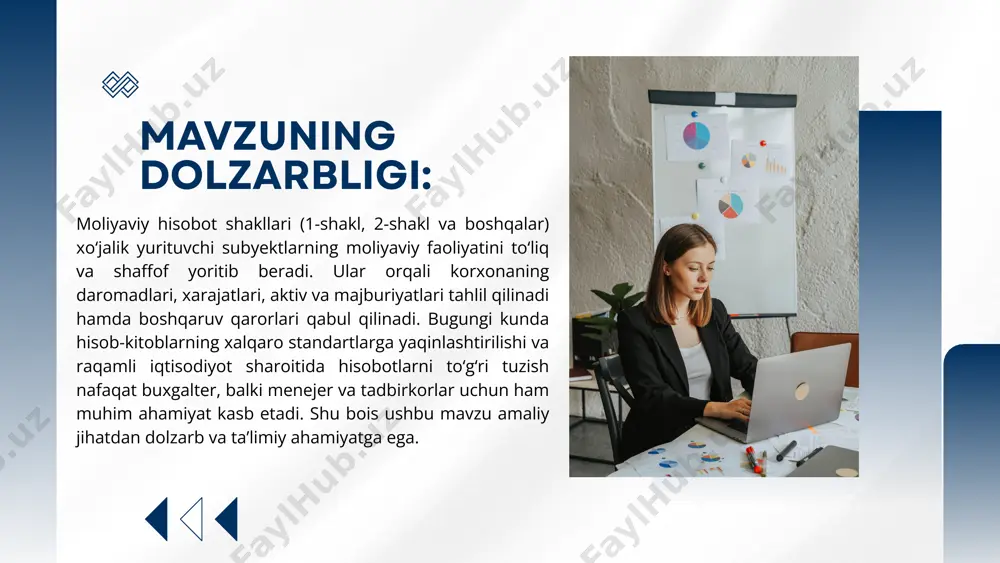 li qisqacha ma‘lumot va mavzuga bog‘liqligi 1 karimov m., jo‘rayev s. “moliyaviy hisobot va tahlil” – yil: 2019 – nashriyot: “fan va texnologiya” nashriyoti, toshkent ushbu qo‘llanma moliyaviy hisobot shakllarini tuzish va ularni tahlil qilish bo‘yicha amaliy usullarni yoritadi. 1-shakl va 2-shakl kabi moliyaviy hisobotlarni to‘ldirish hamda iqtisodiy tahlil qilishni tushuntiradi. 2 soliyev a. “buxgalteriya hisobi nazariyasi va amaliyoti” – yil: 2020 – nashriyot: “iqtisod-moliya” nashriyoti, toshkent kitobda buxgalteriya hisobining nazariy asoslari, hisobot turlari va ularni yuritish tartibi yoritilgan. moliyaviy hisobot shakllarining mazmuni va ular orqali xo‘jalik faoliyatini tahlil qilish masalalarini qamrab oladi. 3 rustamov o. “moliyaviy hisobotlarni tahlil qilish usullari” – yil: 2021 – nashriyot: “universitet” nashriyoti, toshkent asarda moliyaviy ko‘rsatkichlarni hisoblash, tahlil qilish metodlari va hisobotdan samarali foydalanish yo‘llari berilgan. moliyaviy hisobot shakllaridan (daromadlar, balans, oqimlar) foydalangan holda korxona holatini baholashga imkon beradi. adabiyotlar tahlili maqsadi: moliyaviy hisobot shakllarini (1-shakl, 2-shakl va boshqalar) o‘rganish, ularni to‘g‘ri to‘ldirish tartibini …